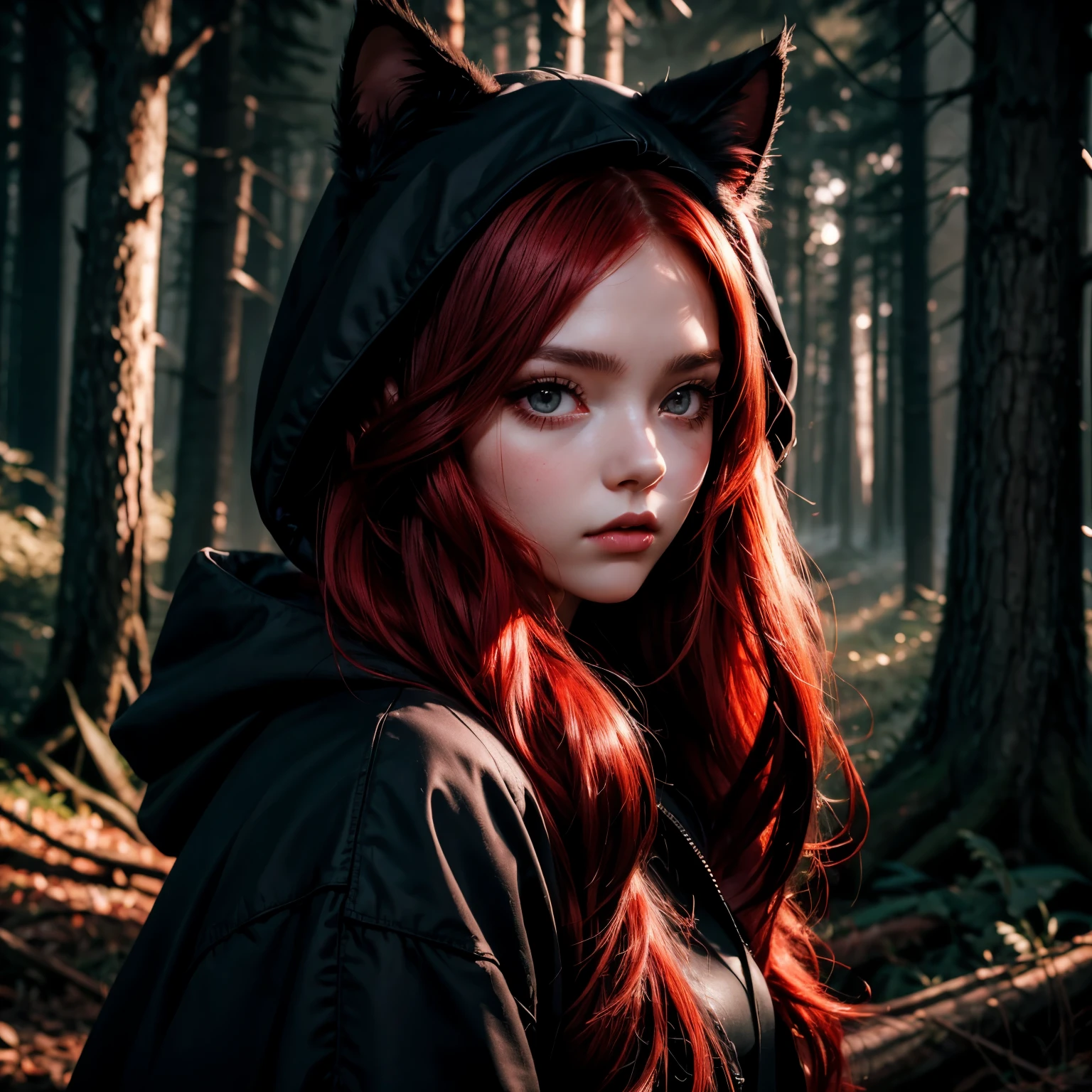 Dark style, nice perfect face with soft skin, really young beautiful girl ???, long red hair, black hood with cat ears, black eyes, forest night