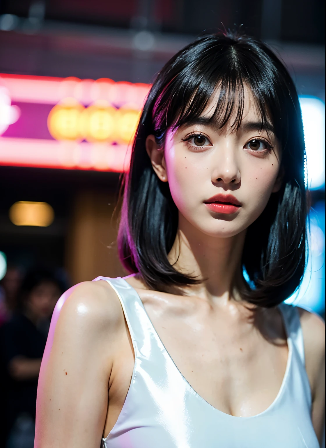 1girl, rosto detalhado, triste, holograma, vestido prateado futurista, coreana, estilo blade runner, 1984 dvd filme, cabelo rosa, cidade cyberpunk, futurista, led, vestido latex, ( obra de arte,realista, photorealista), (melhor qualidade), realista, cabelo longo, cabelo estilo anos 90s, retro.