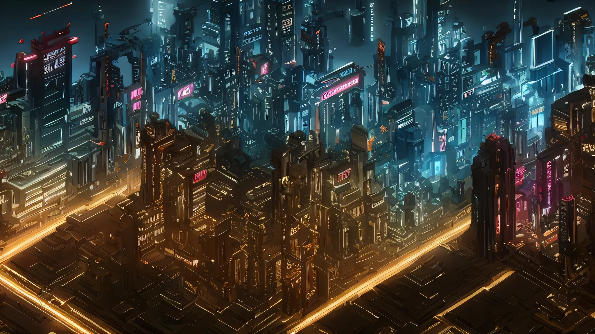 Isometric diorama of cyberpunk cityscape,