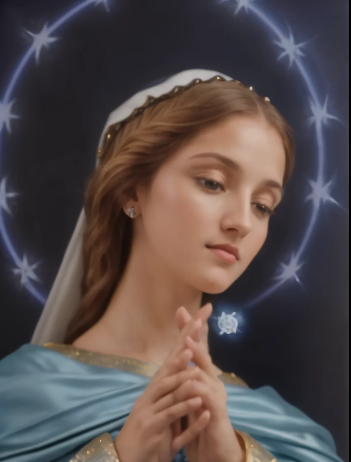 (((Blessed Virgin Mary and Jesus. 19 years old))) ((( Con una cara seria y piadosa. Con una mirada dulce y tierna))) (obra maestra, calidad superior, mejor calidad, arte oficial, beautiful and aesthetic: 1.2), (1girl), extremadamente detallado, (Arte fractal: 1.3), colorido, highest detailed, Cara perfecta, parte superior del cuerpo, HDR, (orando: 1.3), (golden lines of white coat: 1.2), galaxia, (rayas de luz), eye-catching visuals, (dynamic stripes, senderos luminosos: 1.2), colores vibrantes,