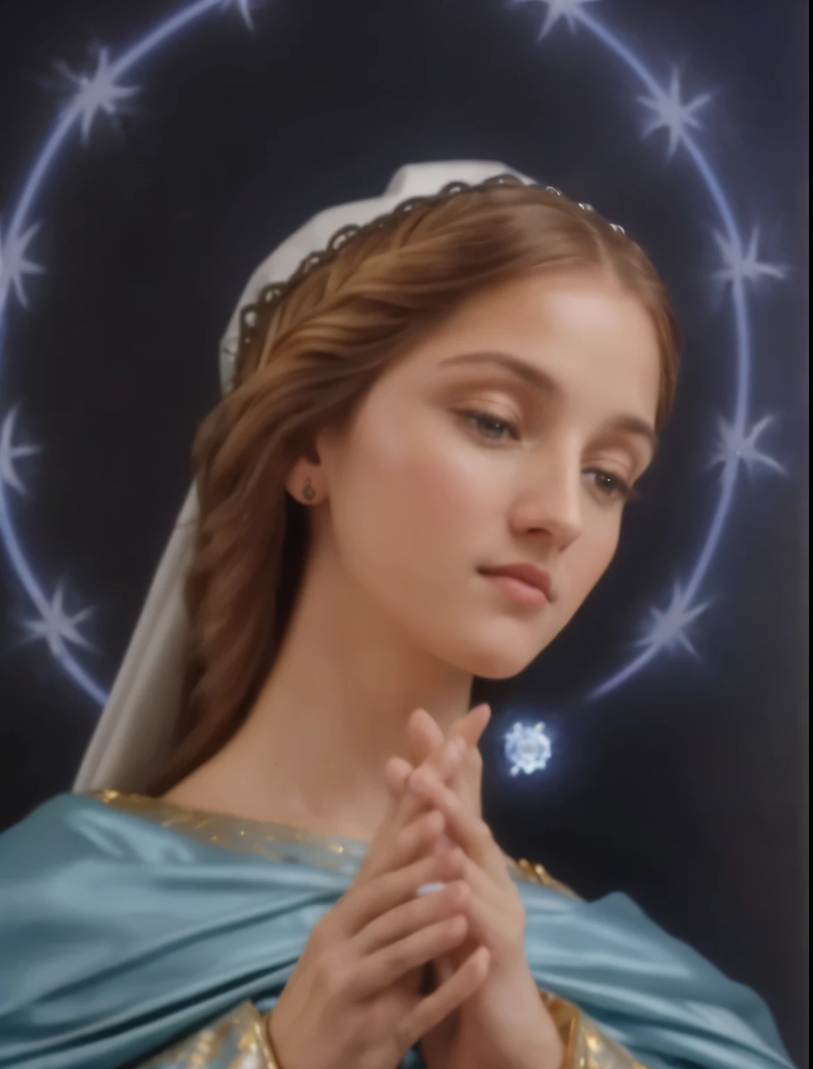 (((Blessed Virgin Mary and  Jesus. 19 years old))) ((( Con una cara seria y piadosa. Con una mirada dulce y tierna))) (obra maestra, calidad superior, mejor calidad, arte oficial, beautiful and aesthetic: 1.2), (1girl), extremadamente detallado, (Arte fractal: 1.3), colorido, highest detailed, Cara perfecta, parte superior del cuerpo, HDR, (orando: 1.3), (golden lines of white coat: 1.2), galaxia, (rayas de luz), eye-catching visuals, (dynamic stripes, senderos luminosos: 1.2), colores vibrantes,