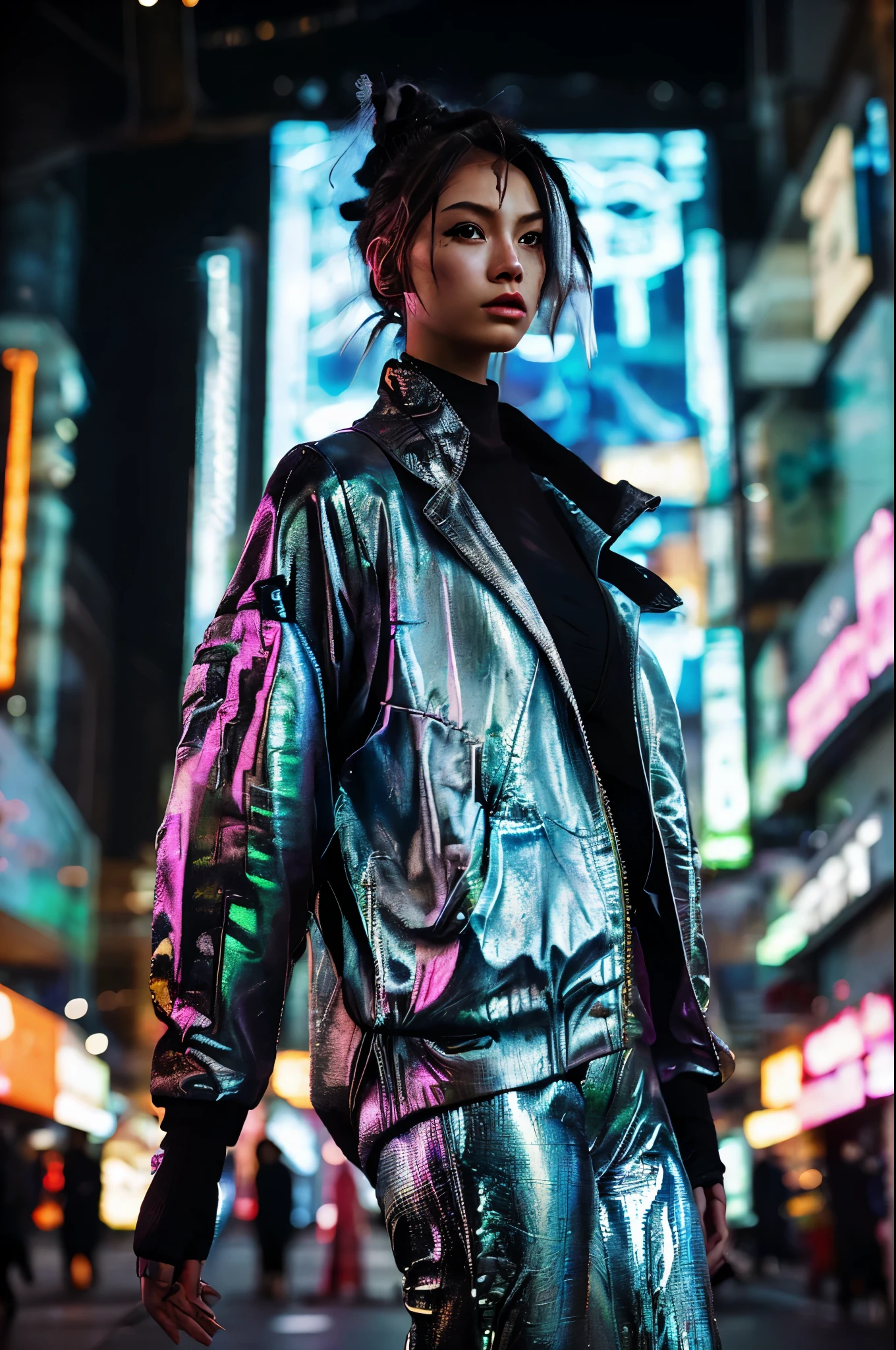 16K, Realistic photographic image, Masterpiece, Shot with a SLR camera, Canon, aperture 1.8, Hyperrealism, 1 girl in the frame, Chinese girl, similar to Linda Evangelista in her youth, futuristic image, cyberpunk style, dark hair in a tight bun , She stands at full height, wearing an acid green MEGA oversized jacket, her hands in the pockets of the jacket, transparent black tights on her legs, against the backdrop of a gray gloomy cyberpunk city, in the background there are neon signs, on the signs it is written in Chinese.