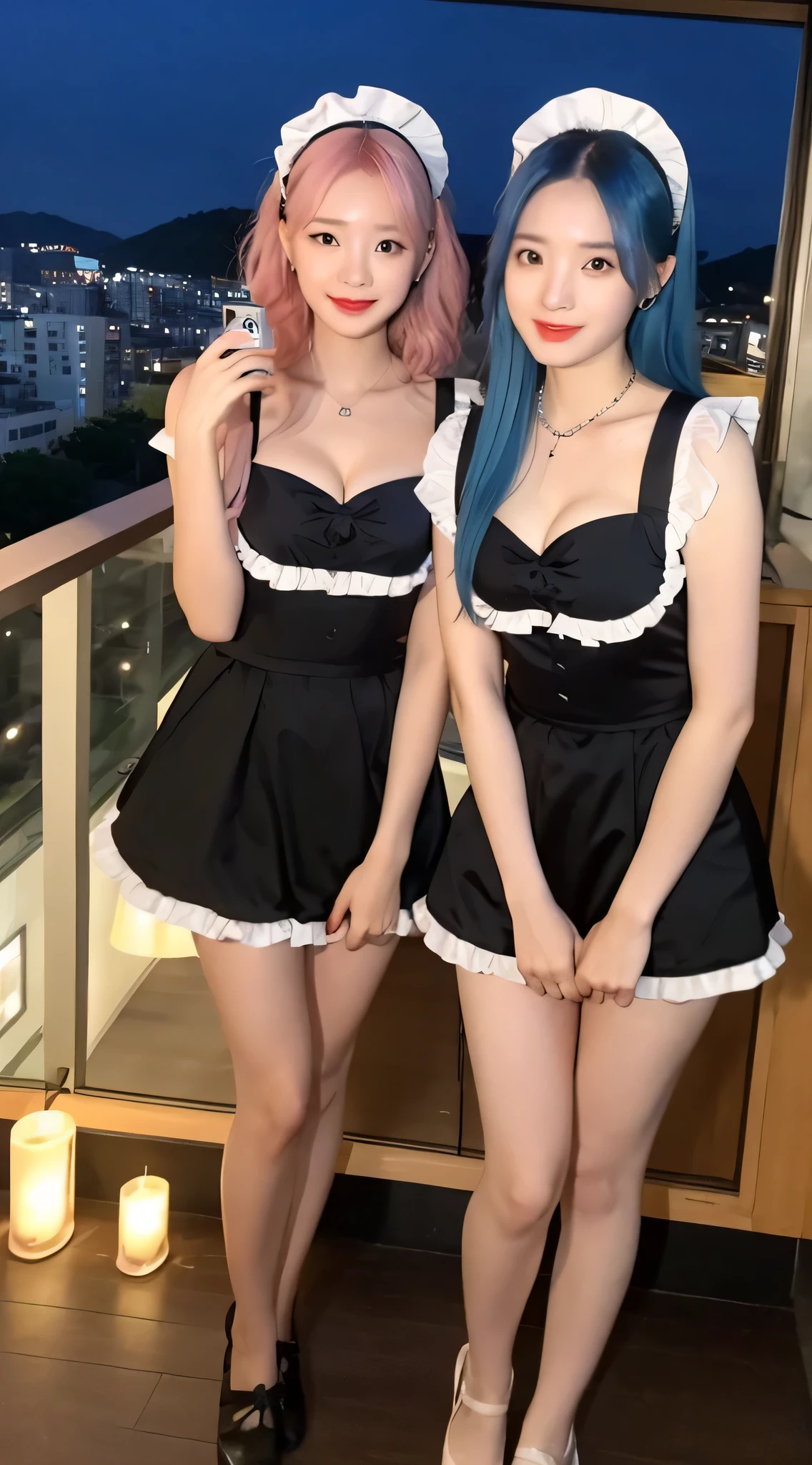 Two cute Korean singer girls，Take photos at night，The background is the balcony，The two girls knelt together，kneeling，Wearing a maid outfit，Coffee shop maid outfit，There is a bell around the neck，Skinny and tall body，Cute real girl with big breasts，Blue hair and pink hair，erogenous，Realistic Korean girl，female student，cute ，