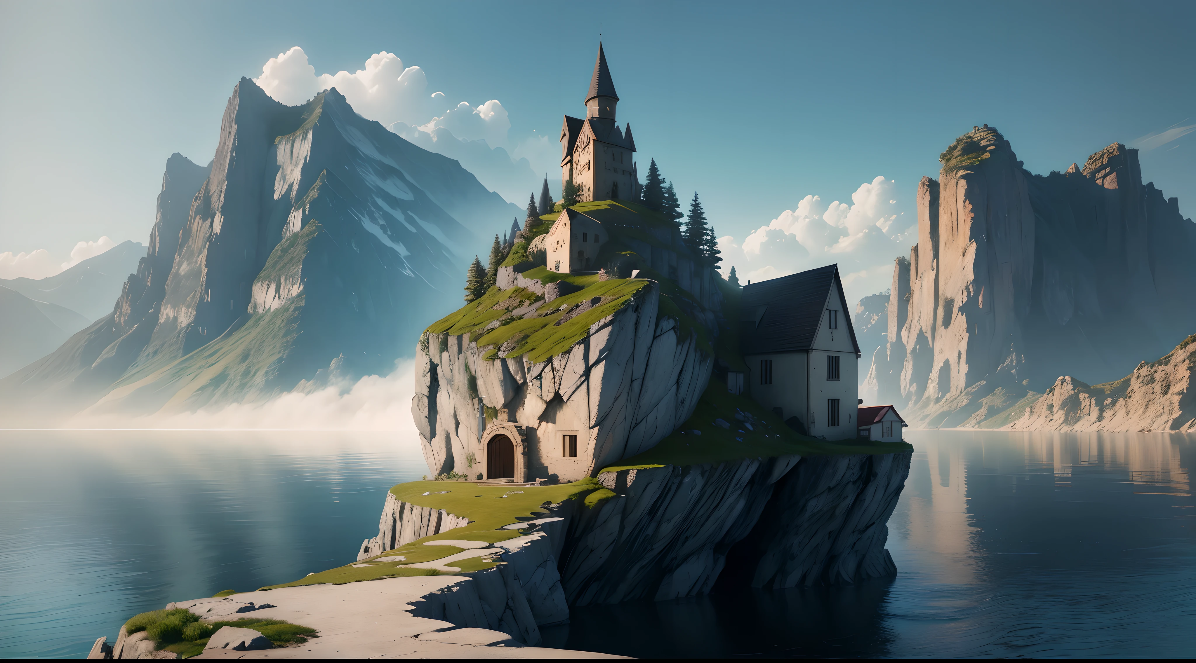 Super realistic image of a small stone house,chiaroscuro, Surrealism, right on top of a 100 meter high peak, peak surrounded by water.
