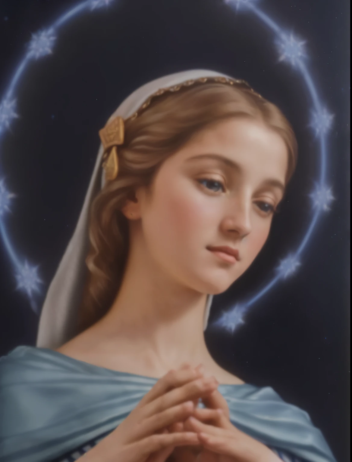 (((Blessed Virgin Mary and Jesus. 19 years old))) ((( Con una cara seria y piadosa. Con una mirada dulce y tierna))) (obra maestra, calidad superior, mejor calidad, arte oficial, beautiful and aesthetic: 1.2), (1girl), extremadamente detallado, (Arte fractal: 1.3), colorido, highest detailed, Cara perfecta, parte superior del cuerpo, HDR, (orando: 1.3), (golden lines of white coat: 1.2), galaxia, (rayas de luz), eye-catching visuals, (dynamic stripes, senderos luminosos: 1.2), colores vibrantes,