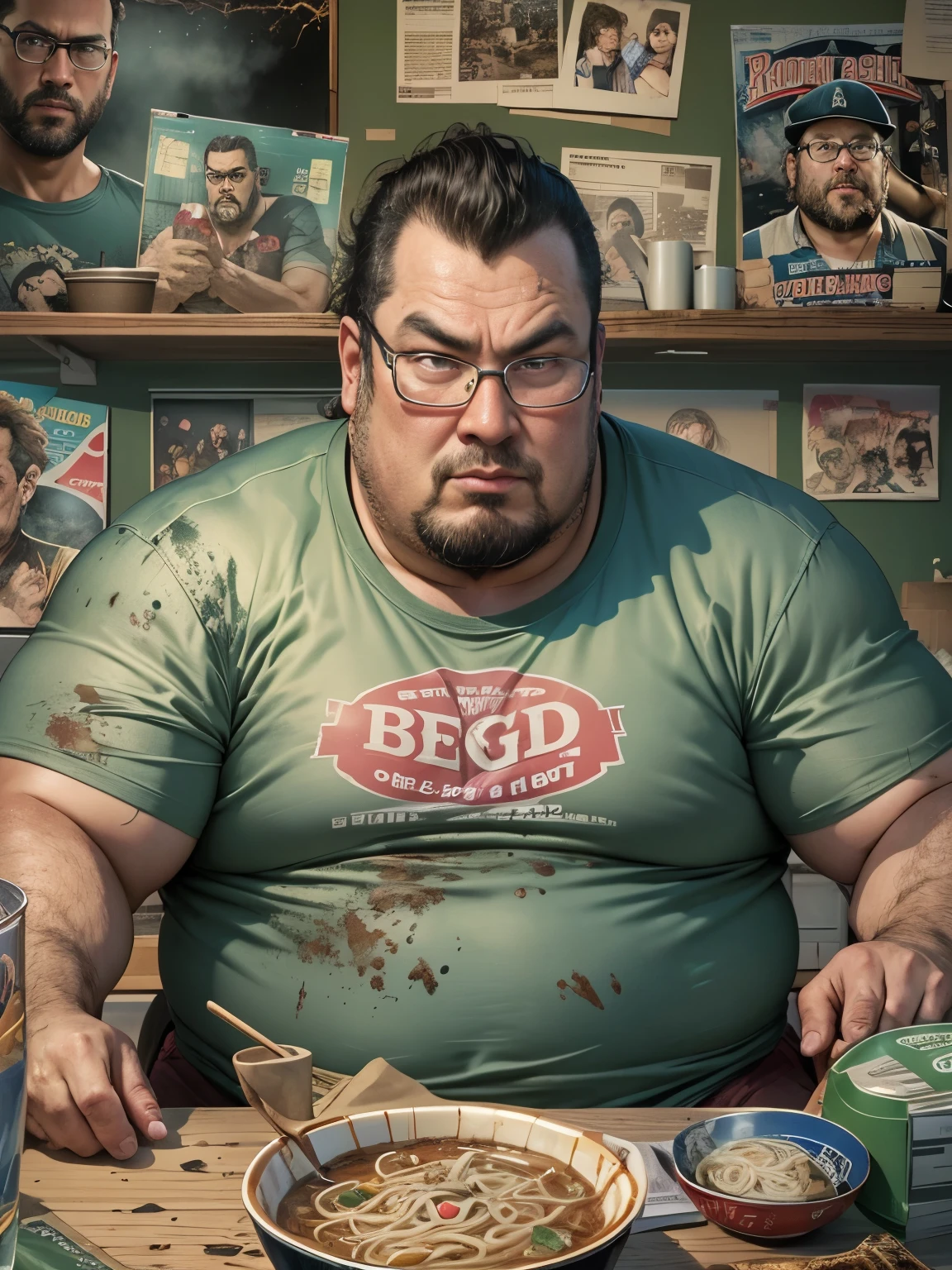 ((HD photo)), Hyper realistic, hires:1.4, 8k, a fat man / Steven seagal / 40 years old, sitting, holding ramen bowl, badly fitting t shirt, overweight messy hair, nerd glasses, leering, greasy, stained jeans, dark bedroom, posters, game console, pc, dakimura, poorly lit, incel, anime nerd, neckbeard, dirty walls,