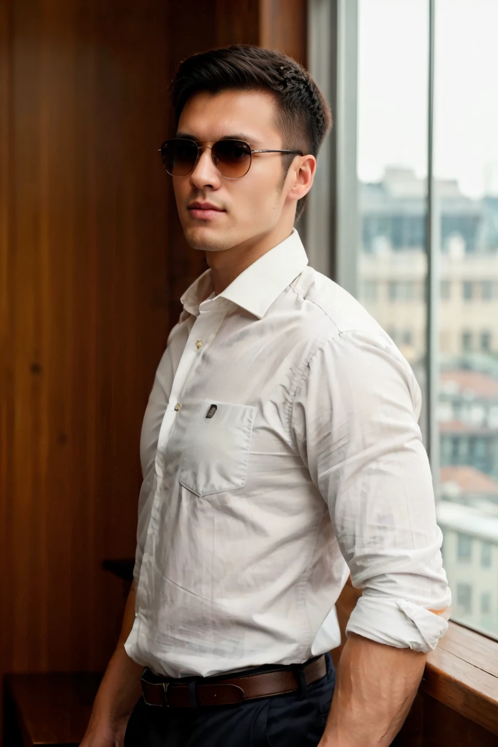 1man,A 25-year-old muscular man,Wear a long-sleeved white shirt and tie,Wearing sunglasses, full bodyesbian,leather shoes,gentlesoftlighting,masterpiece,best qualtiy,8K UHD,digital SLR camera,filmgrain,Midjourney and greg rutkowski's Fujifilm XT3 realistic painting art, details, RAW