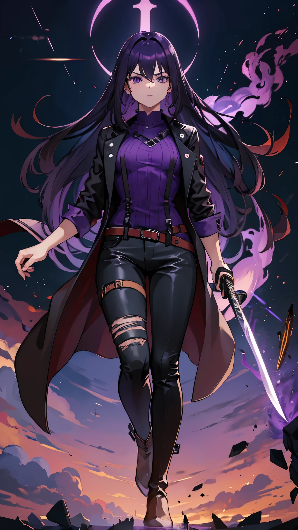 Man with long dark hair, purple eyes, long dark jacket, purple shirt, dark ripped pants, black boots, with a katana engulfed in purple fire and a purple flame comes out of one of his eyes