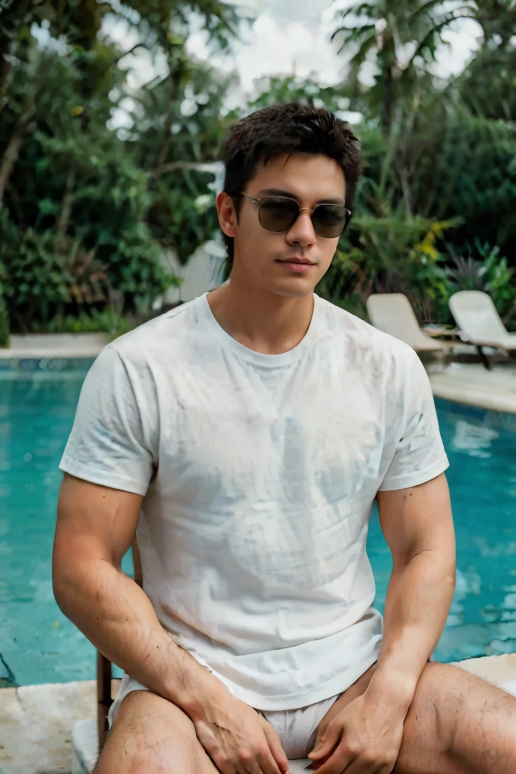 1man,
a 25 y.o muscular male Relaxing in the swimming pool wearing a white shirt, Skateboarding field, Wear sunglasses, sitting relaxed in a chair,
soft lighting,
masterpiece, best quality, 8k uhd, dslr, film grain, Fujifilm XT3 photos, realistic, details, RAW
