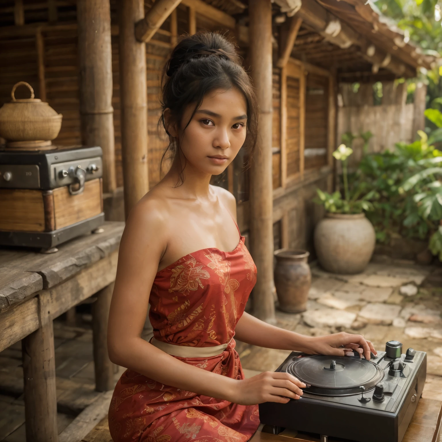 Naturally beautiful Indonesian girl, 18 years old, detailed face, sweet black, moist shiny skin, hair tied in a bun, wearing a red kebaya, big breast, nipples shows transparently, and faded short batik sarong, enjoying remix music in front of the DJ turntable, wearing a headset, sitting barefoot in front of the door the house, the house is made of bamboo, in front of the kitchen flows a small clear river, a naturally clear rocky river. realistic photo. HDR10 8K photo by analog camera Nikon D850 f/16, 35mm, high detailed, wallpaper quality, good anatomy, body, hand & fingers (lora:add_detail:0.8)