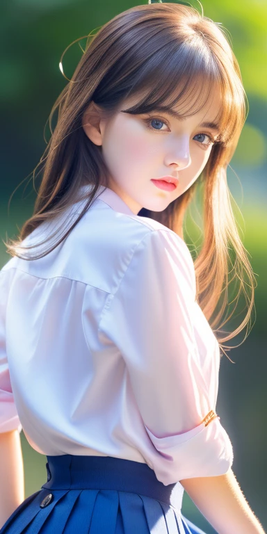(detailed beautiful eyes and detailed face, masterpiece side light, masterpiece, best quality, detailed, high resolution illustration), (1 girl, beautiful girl, shiny skin, looking down, looking at viewer), ( Sky blue long hair, pink eyes, skirt, ribbon, button-down shirt) 45 degrees, top view, sideways, (hand detail)