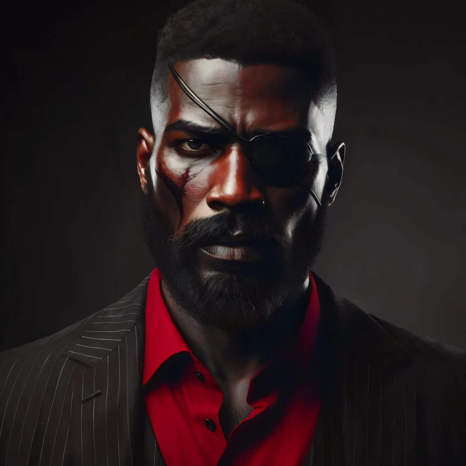 chapeu de abareta, um close up de um homem com barba e camisa vermelha, man has black skin, epic full face portrait, sharp looking portrait, barba Negra, epic portrait of menacing, Retrato do Professor Sinistro, retrato vfx altamente detalhado, epic and elegant portrait, retrato de alta qualidade, barba vermelha escura, retrato de rosto e corpo inteiro, barba foda
