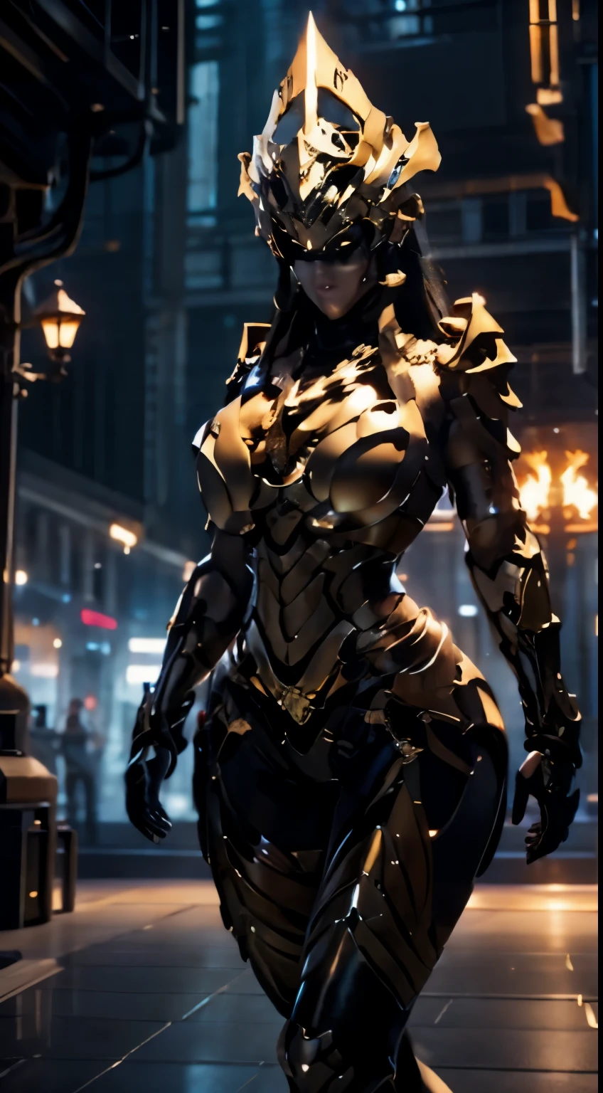 ((Unreal Engine 5)), Realistic Rendering, Excellent, lights on suit armor, helm, (Yoga Pants), looking on viewer, walkdown on street, beautiful face, makeup, (photorealism:1.2), ultrarealistic uhd face, (huge fake :1.4), (gigantic breasts:1.1), (muscle abs), (big butt), (wide hips), (thick thighs), slim waist, hourglass figure, half body, ((glowing skin)), ((shiny skin)), Realistic body, ((she is sexy)), ((clean skin)), photorealistic, bokeh, motion blur, masterpiece, highres, 1080P, super detail, textured skin
