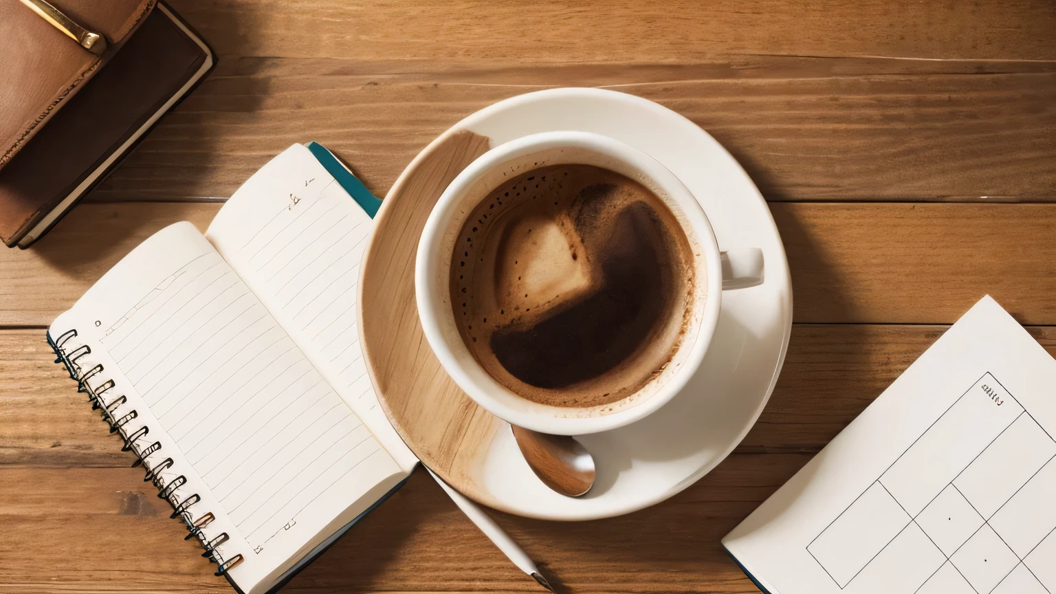 HEADPHONES top view of a coffee cup along spiral notebook and fountain pen on a wooden table