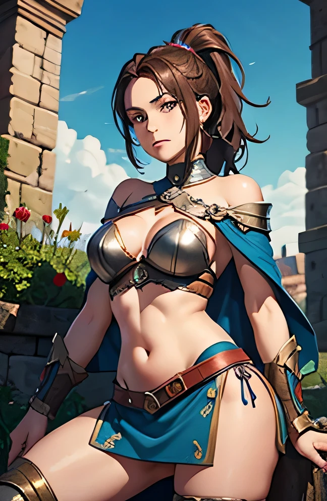 Woman warrior　have a bogan　a , slim, Beautiful woman with slightly brown ponytail　19 years old　droopy eyes and slightly rounded cheeks　small breasts　Navel exposure　Off-Shoulder Armor　mini skirt　Medieval Europe night meadow