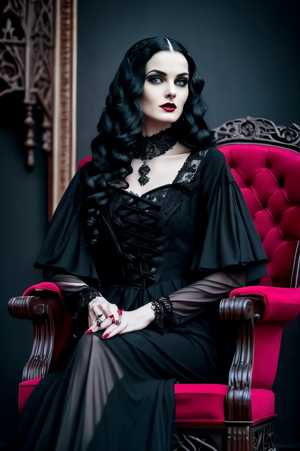 old woman Wavy black hair blue eyes without veil arafa in a red dress sitting on a chair with a cigarette, Gothic regal, Gothic art style, she is the queen of black roses, beautiful and elegant demon queen, linda rainha feminina vampira, dark gothic queen, ((uma linda imperatriz de fantasia)), linda rainha vampira, Gothic style, Gothic!!, an elegant Gothic princess, wearing modern Gothic clothes