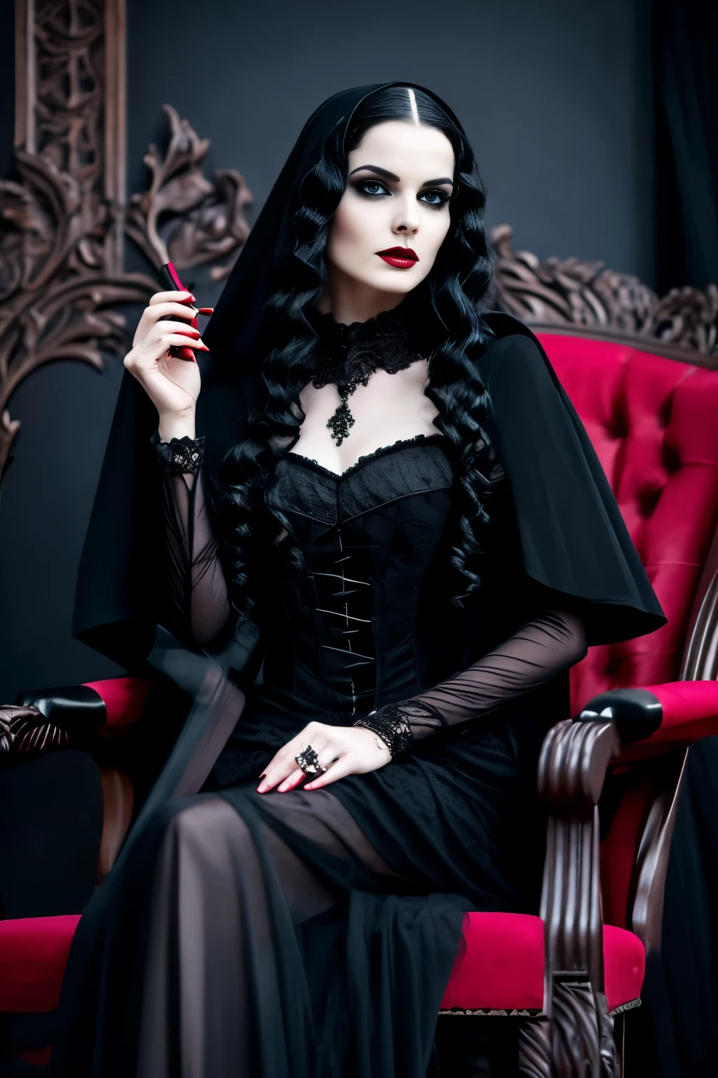 old woman Wavy black hair blue eyes without veil arafa in a red dress sitting on a chair with a cigarette, Gothic regal, Gothic art style, she is the queen of black roses, beautiful and elegant demon queen, linda rainha feminina vampira, dark gothic queen, ((uma linda imperatriz de fantasia)), linda rainha vampira, Gothic style, Gothic!!, an elegant Gothic princess, wearing modern Gothic clothes