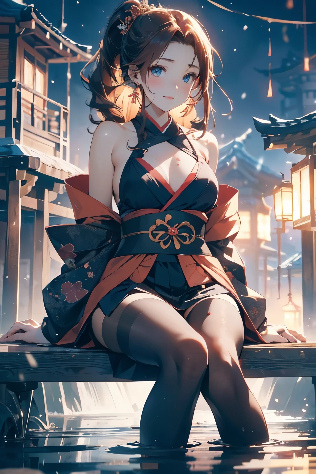 (official art、best quality、Unity 8K Wallpaper、32k、masterpiece、Super detailed、ultra high resolution、actual、Realism:1.2)、(light:1.2)、fire glow effect、film particles、best shadow、edge lighting、side lights、(Super detailed且复杂的 3D 渲染)、Exquisite and beautiful face,blue eyes,reddish brown hair,medium breasts, Perfect body,Smile,(Super delicate skin、Detailed skin texture:1.3, blush:1.2)、see whole body, Anime CG style, ((Low cut Japanese kimono,Fold skirt,Black tights)), Sitting sideways in the water, Hot springs , (wind blows hair,bare shoulders、exposing her chest、Black tights) , night time,It's snowing