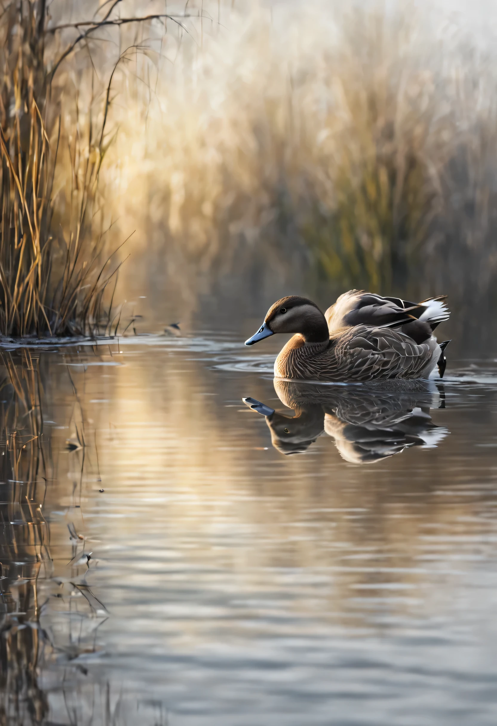 realistic reflection in the river of gray duck