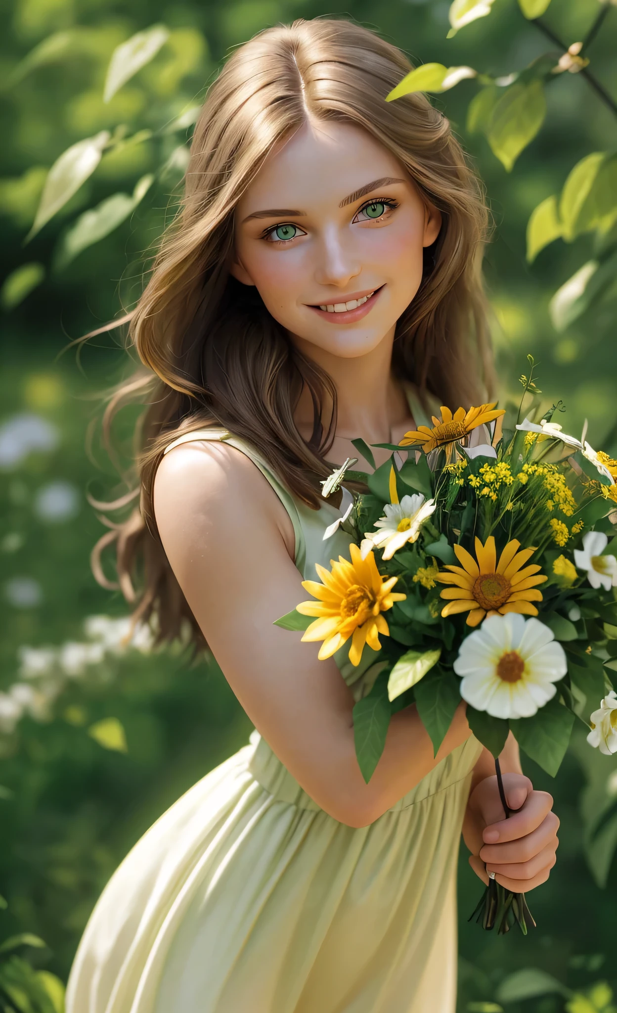portrait of a pretty Russian girl 22-27 years old with a kind smile, green eyes, Brown hair, In a light summer dress, against the backdrop of a summer landscape, with an emphasis on the eyes, using soft focus, blurred green background, Bouquet of wildflowers, Clear image of the face, Slight blur of hair and background., keen eyes, realistic colors and textures, Soft natural light, glare of the sun on the leaves, Foreshortening from above, Relaxed pose, expressing joy, Friendliness, and openness, avoid unnatural beauty, photoshopped, Glossy sheen, bright makeup, bright colors, Sharp Shadows, and unnatural poses.
