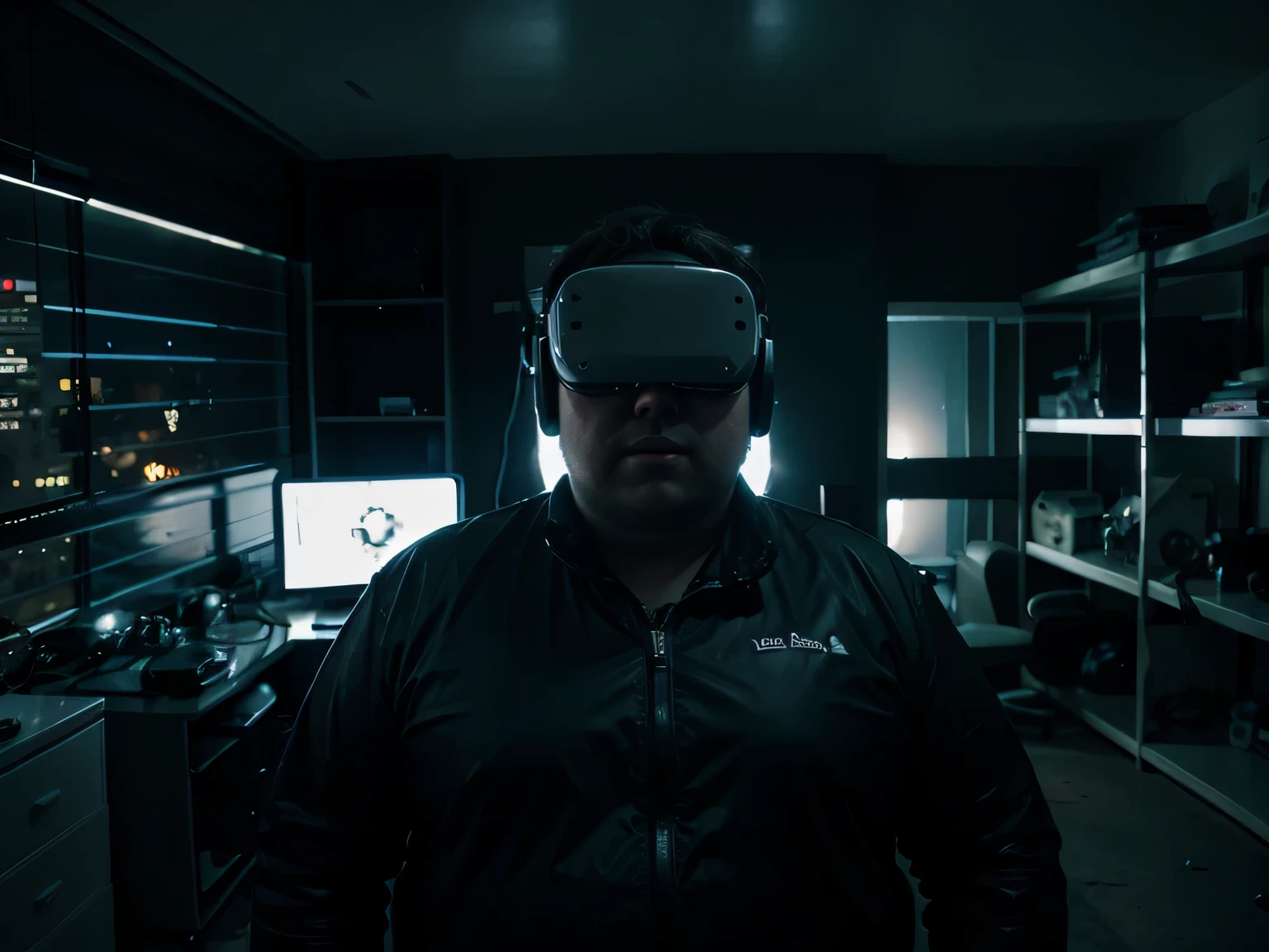 Futuristic, VR, man, alone, room, night, lights, portrait, messy, fat
