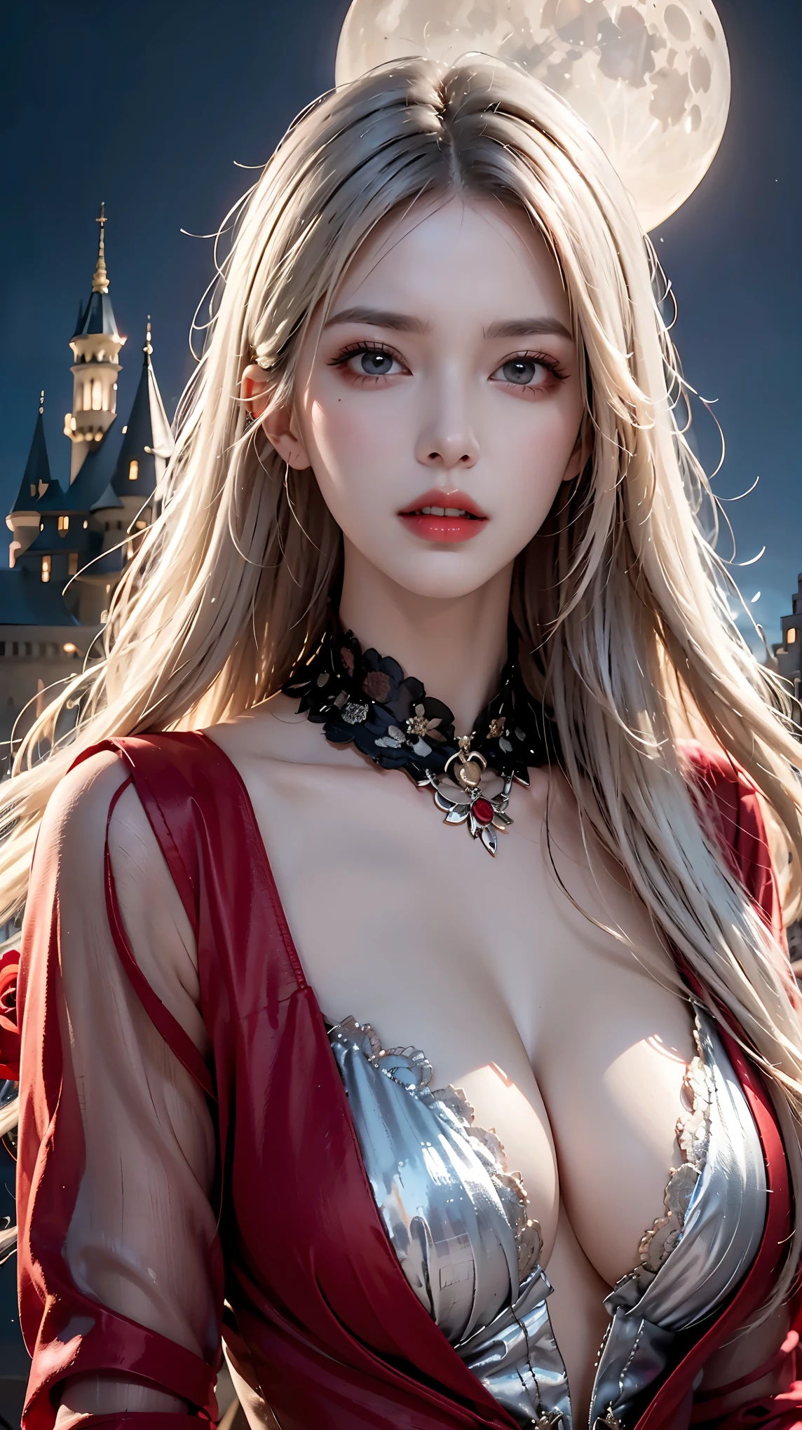 masterpiece, highest quality, (solo focus), (high detail:1.1), (hyper detailed eyes), dramatic, 1woman, (Pale skin), long blonde hair, (red irises), individual focus, Vampire, long hair, moon, night, Red luxury suit, pouty lips, castle, detailed background, art by artgerm, cinematic lighting, red roses, fashion