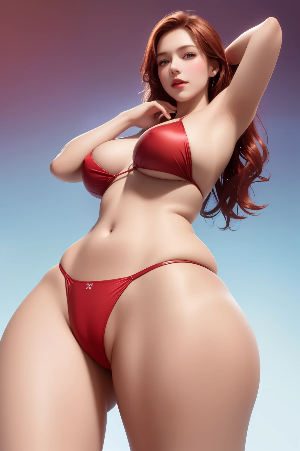 (masterpiece, best quality, cinematic, photorealistic, ultra-detailed), 1girl, thicc, perfect hands, perfect face, (red lips, puffy lips, thick lips.:1.2) (medium shot, from below:1.5), wet red hair, long wavy hair, wide hips, (bursting breasts), (round ass, wearing a wet and transparent red bikini), seductive pose, green eyes, detailed pupils, blushing, (gradient background:1.4), (armpit is shown), (wet skin)