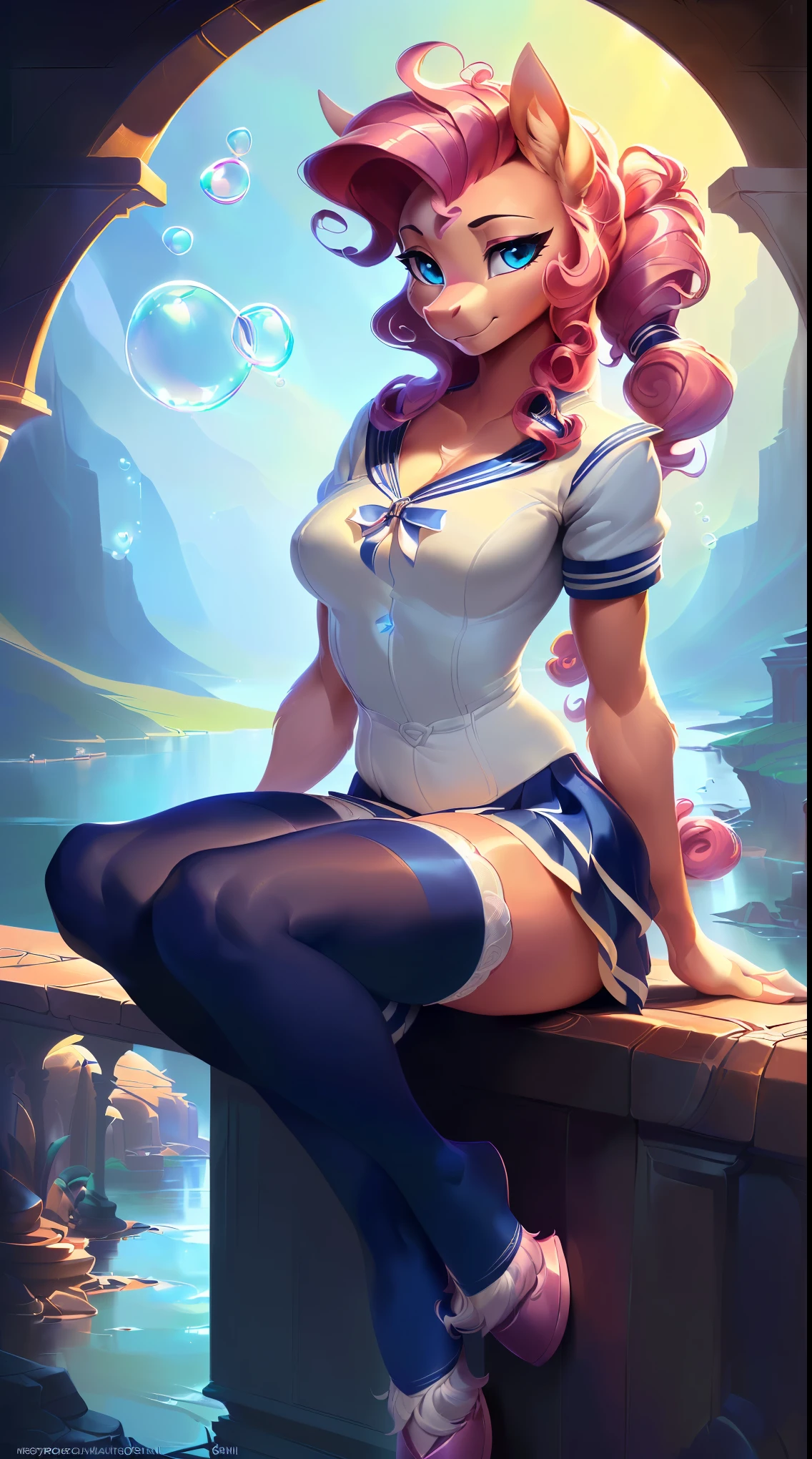 uploaded on e621, by Danomil, solo anthro, ((Portrait)), ((Wear a sailor fuku uniform), (stylish stockings, homie stockings), (detailed Bonifasko lighting), (Detailed fur), (detailed skin), (Cinematic lighting), ((Detailed background, cozy riverside)), (half body shadow), [ambient light on the belly], [explict content], [sharp-focus], (shaded), ((Masterpiece), blue eyes, (long bubble hair), (Dark pink hair), Average Breasts, pectoral muscles, Fluffy pony, MLP, My Little Pony, (Pinkie Pie), pink skin, happy, stylish pony, (fluffy fur), fluffy tights, fluffy chest, furry fantasy art, anthro art, commission for high res, Furry art, pov furry art, Sakimichan is beautiful, Masterpiece, Best Quality, Detailed image, Bright colors, Detailed Face, perfect  lighting, Perfect shadows, Perfect eyes, focus on girl, flawless face, gorgeous body, Hourglass body, shiny body, feet focus (hooves), Fluffy, fluffy girl, Body fur, Animal nose, pony muzzle, Playful look, half closed eyes, 1girl, full body, Detailed fur, Balanced coloring, ((Long bubble mane, curly pony tail)), Furry, anthro, (attractive body), looking at viewer, seductive gaze, seductive posing, perfect legs