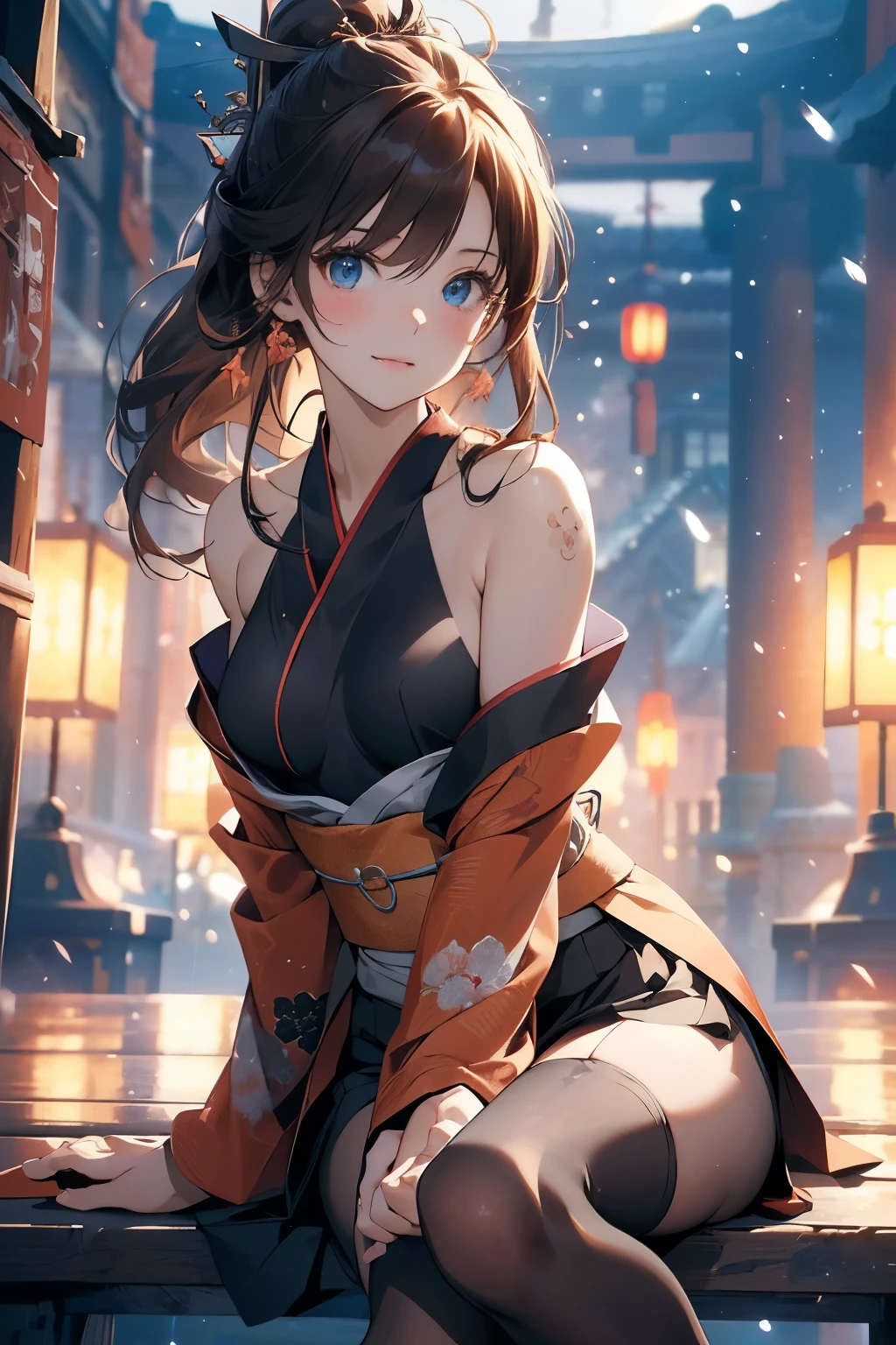 (official art、best quality、Unity 8K Wallpaper、32k、masterpiece、Super detailed、ultra high resolution、actual、Realism:1.2)、(light:1.2)、fire glow effect、film particles、best light and shadow、edge lighting、side lights、(Super detailed且复杂的 3D 渲染)、Exquisite and beautiful face,blue eyes,reddish brown hair,medium breasts, Perfect body,Smile,(Super delicate skin、Detailed skin texture:1.3, blush:1.2)、see whole body,looking into camera, Anime CG style, ((Red low-cut Hanfu,Show chest,bare shoulders,Black tights)), sitting in water,Deep mountain hot spring, (wind blows hair,bare shoulders,exposing her chest,Black tights) , night time,full moon snowing