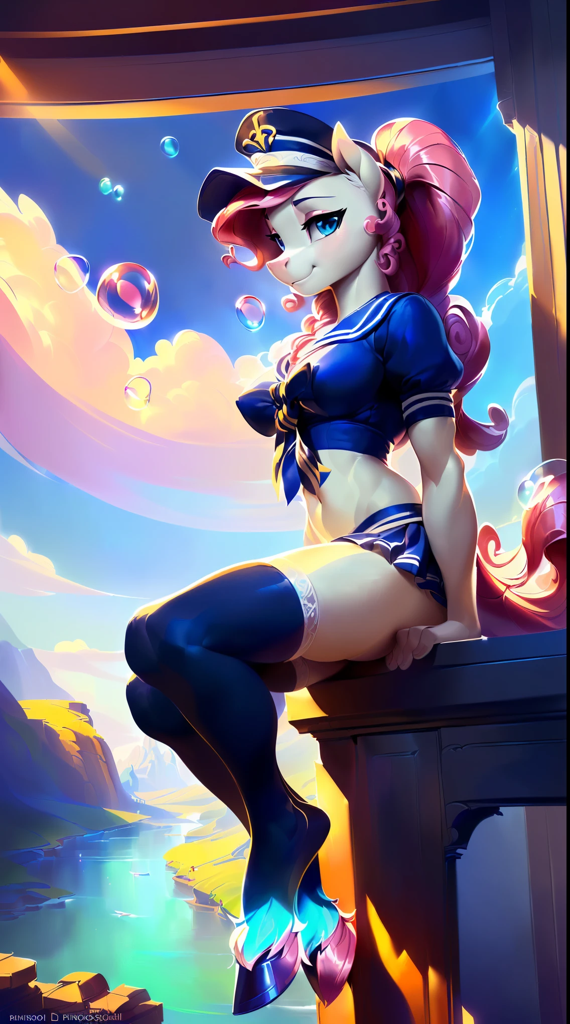 uploaded on e621, by Danomil, solo anthro, ((Portrait)), ((Wear a sailor fuku uniform), (stylish stockings, homie stockings), (detailed Bonifasko lighting), (Detailed fur), (detailed skin), (Cinematic lighting), ((Detailed background, cozy riverside)), (half body shadow), [ambient light on the belly], [explict content], [sharp-focus], (shaded), ((Masterpiece), blue eyes, (long bubble hair), (Dark pink hair), Average Breasts, pectoral muscles, Fluffy pony, MLP, My Little Pony, (Pinkie Pie), pink skin, happy, stylish pony, (fluffy fur), fluffy tights, fluffy chest, furry fantasy art, anthro art, commission for high res, Furry art, pov furry art, Sakimichan is beautiful, Masterpiece, Best Quality, Detailed image, Bright colors, Detailed Face, perfect  lighting, Perfect shadows, Perfect eyes, focus on girl, flawless face, gorgeous body, Hourglass body, shiny body, feet focus (hooves), Fluffy, fluffy girl, Body fur, Animal nose, pony muzzle, Playful look, half closed eyes, 1girl, full body, Detailed fur, Balanced coloring, ((Long bubble mane, curly pony tail)), Furry, anthro, (attractive body), looking at viewer, seductive gaze, seductive posing, perfect legs