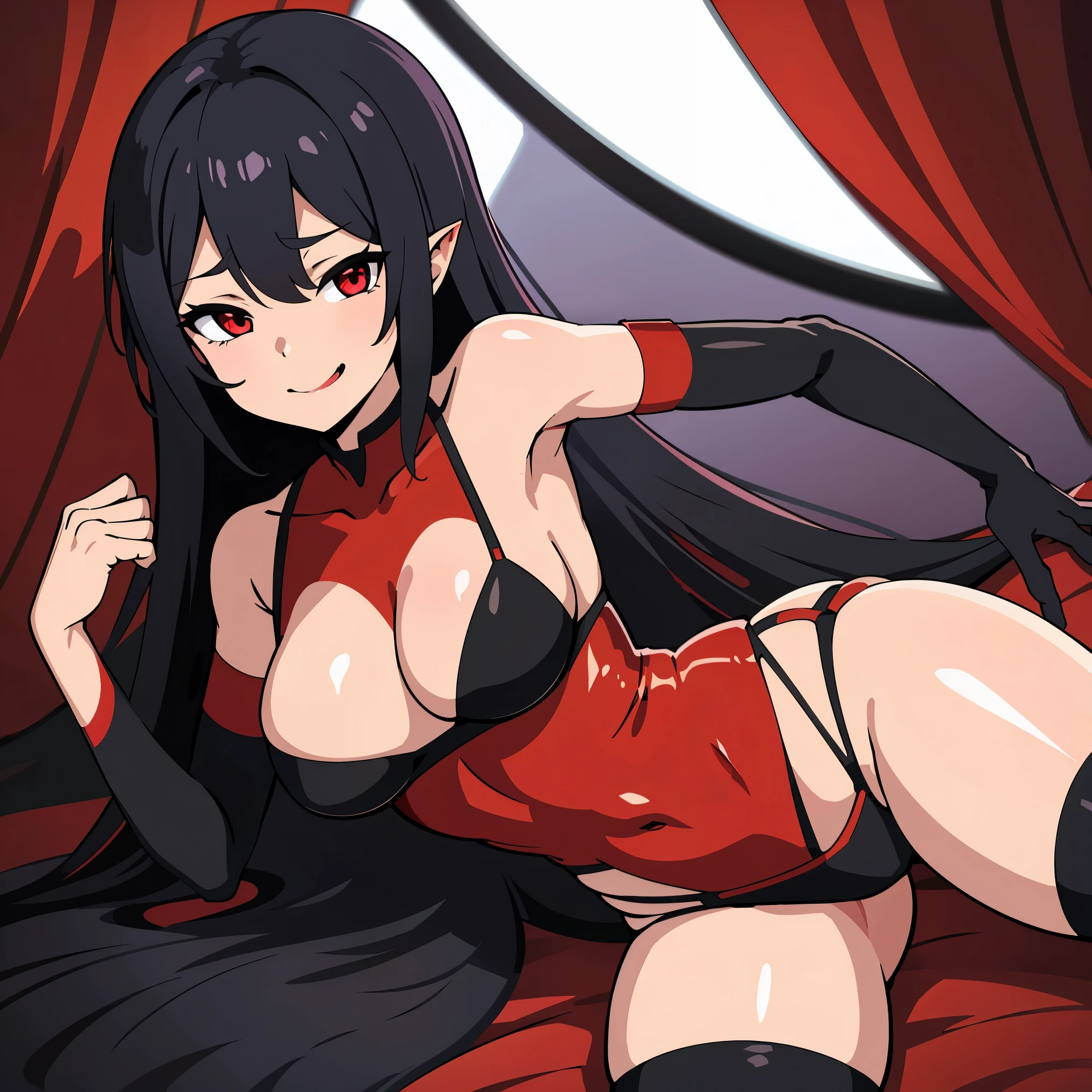 Anime illustration of a sexy succubus, her skin is red, she is wearing black and very tight underwear, she is smiling in a perverted way while licking her lips 