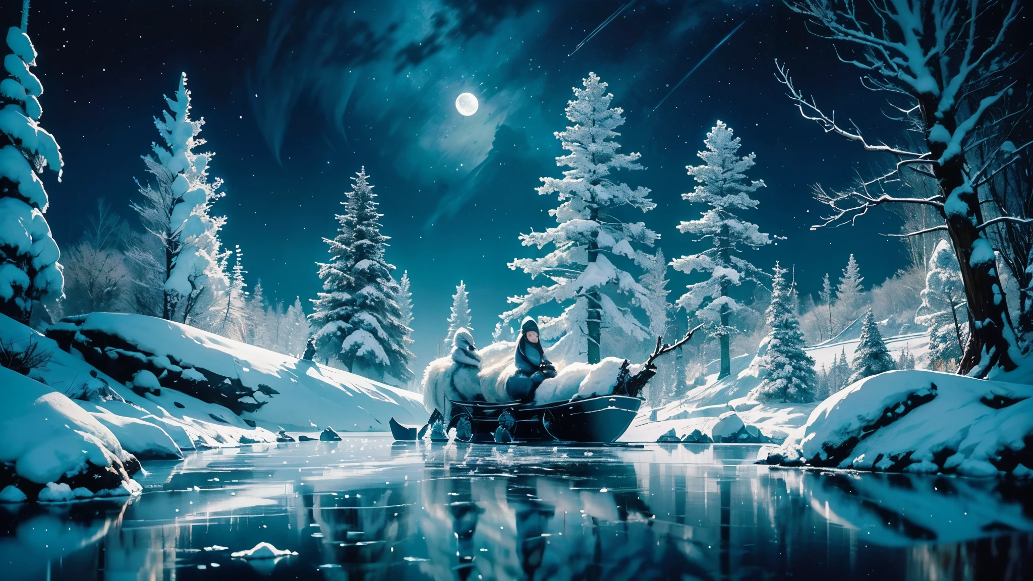 rime ice, moonlight, snowy mountains, frozen branches, shimmering crystals, tranquil stillness, ethereal glow, cold beauty, lunar glow, silver shadows, mystical atmosphere, winter wonderland, frozen landscape, delicate icicles, glistening snow, crisp air, serene silence, moonlit peaks, frosty enchantment, icy sculptures, frost-covered trees, celestial radiance, sparkling frost, magical night, peaceful serenity, dreamlike scenery, moonlit reflection, poetic winter, enchanting moon, icy blue hues, starry sky, frozen wilderness, ethereal tranquility, moonlit frost, moonlit stillness, wintry moonbeam, luminescent landscape, icy moonlight, frozen paradise. Santa in his sleigh being pulled by his reindeer through the sky
