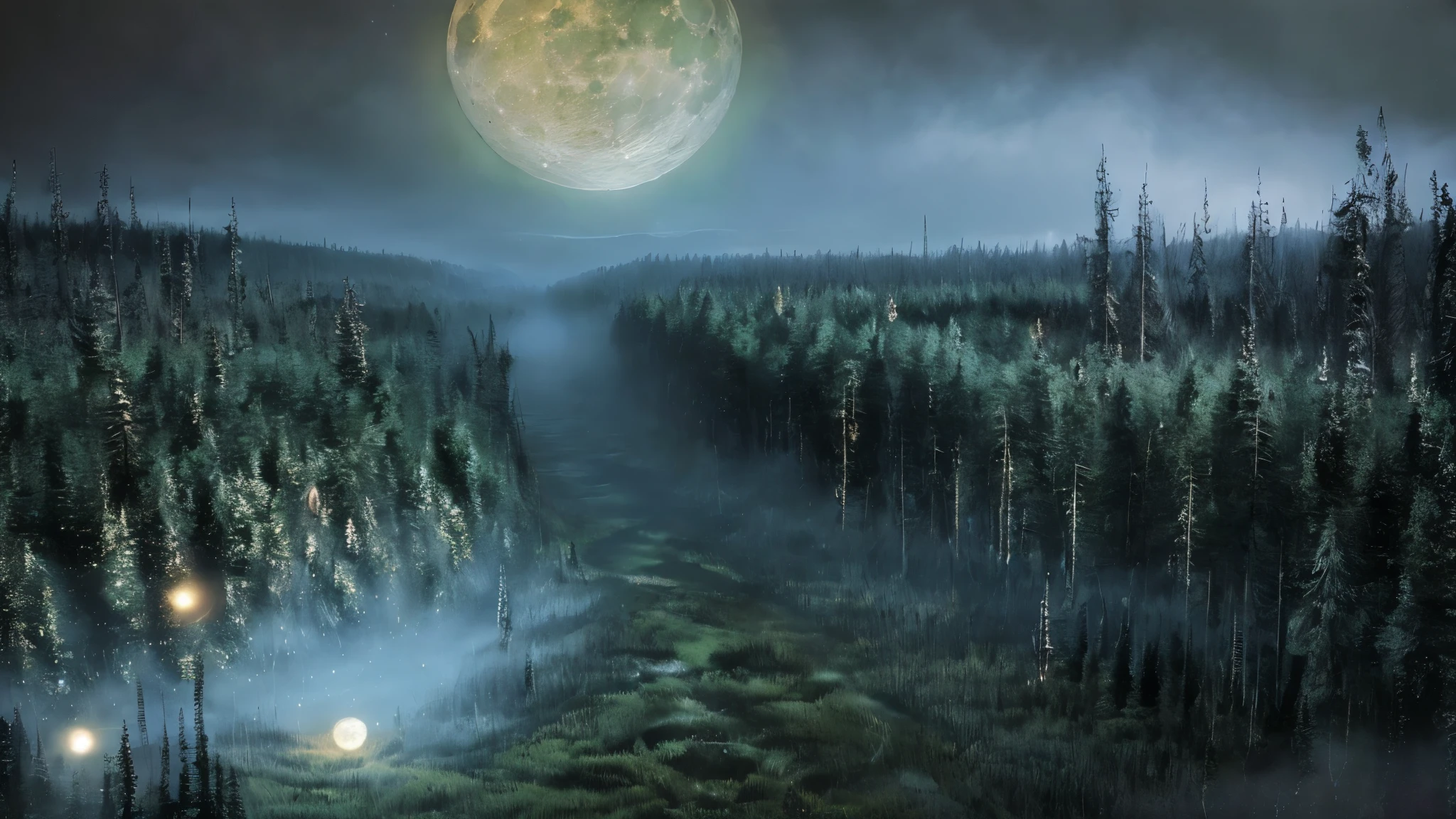 ((Best Quality)), ((Masterpiece)), (Real)), ((Beautiful Green Moon)), Celestial Body Struck, Comet Impact, Moon Split in Half, Surrounded by Debris, Fragmented Aurora Dance, Spring Night, Alien Observer, Sleek Spacesuit, Twinkling Stars, Mist in the Forest Below, At Eye Level, Scenic, Masterpiece