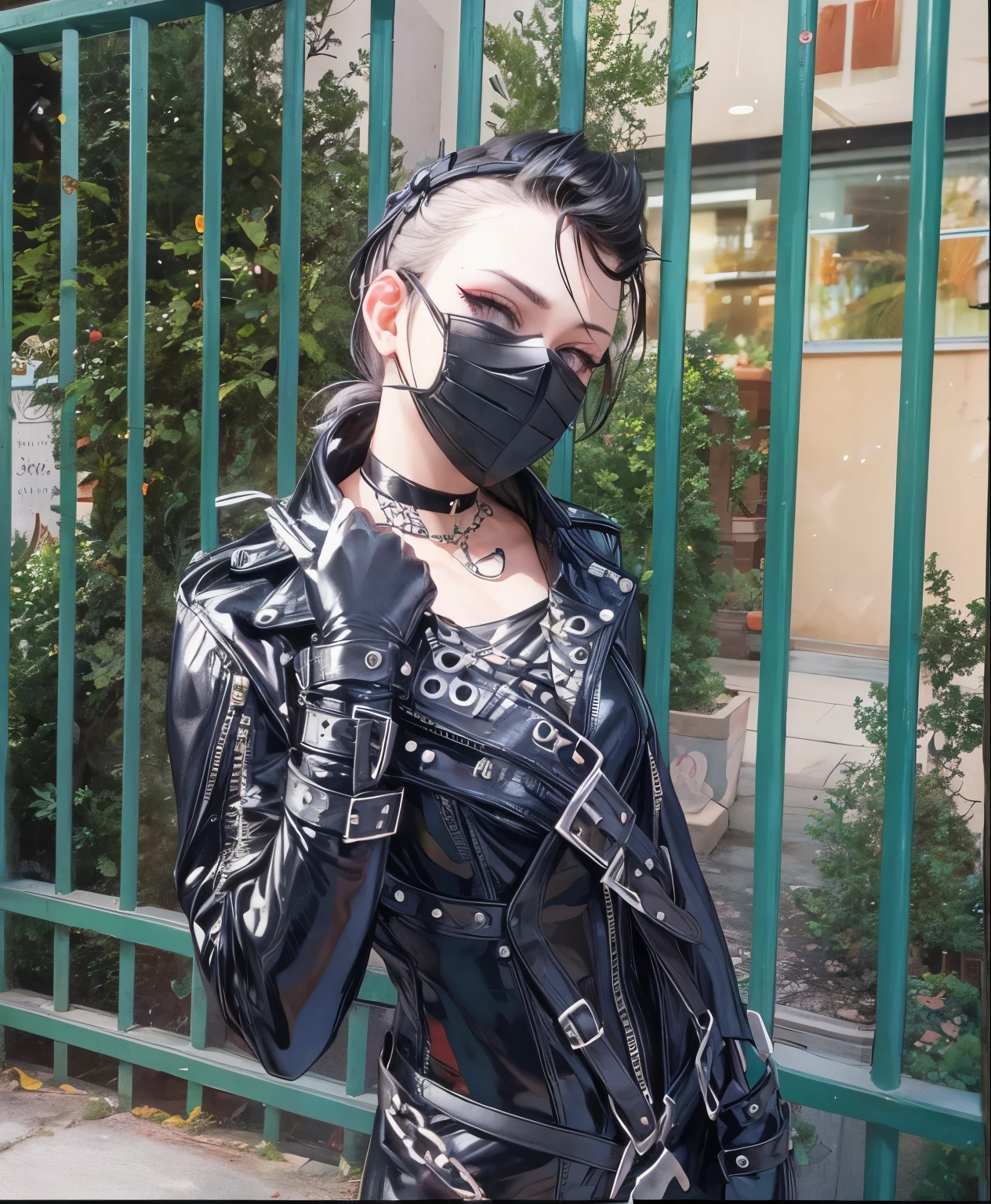 Goth woman, facemask, black latex straps, choker, black leather,
