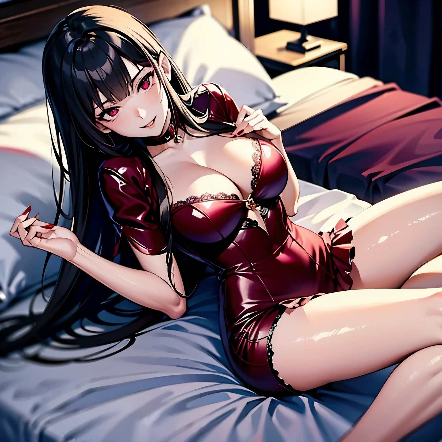 Sexy vampire girl, legs wide open, arm between the legs, laying on the bed, dark hair, seducing