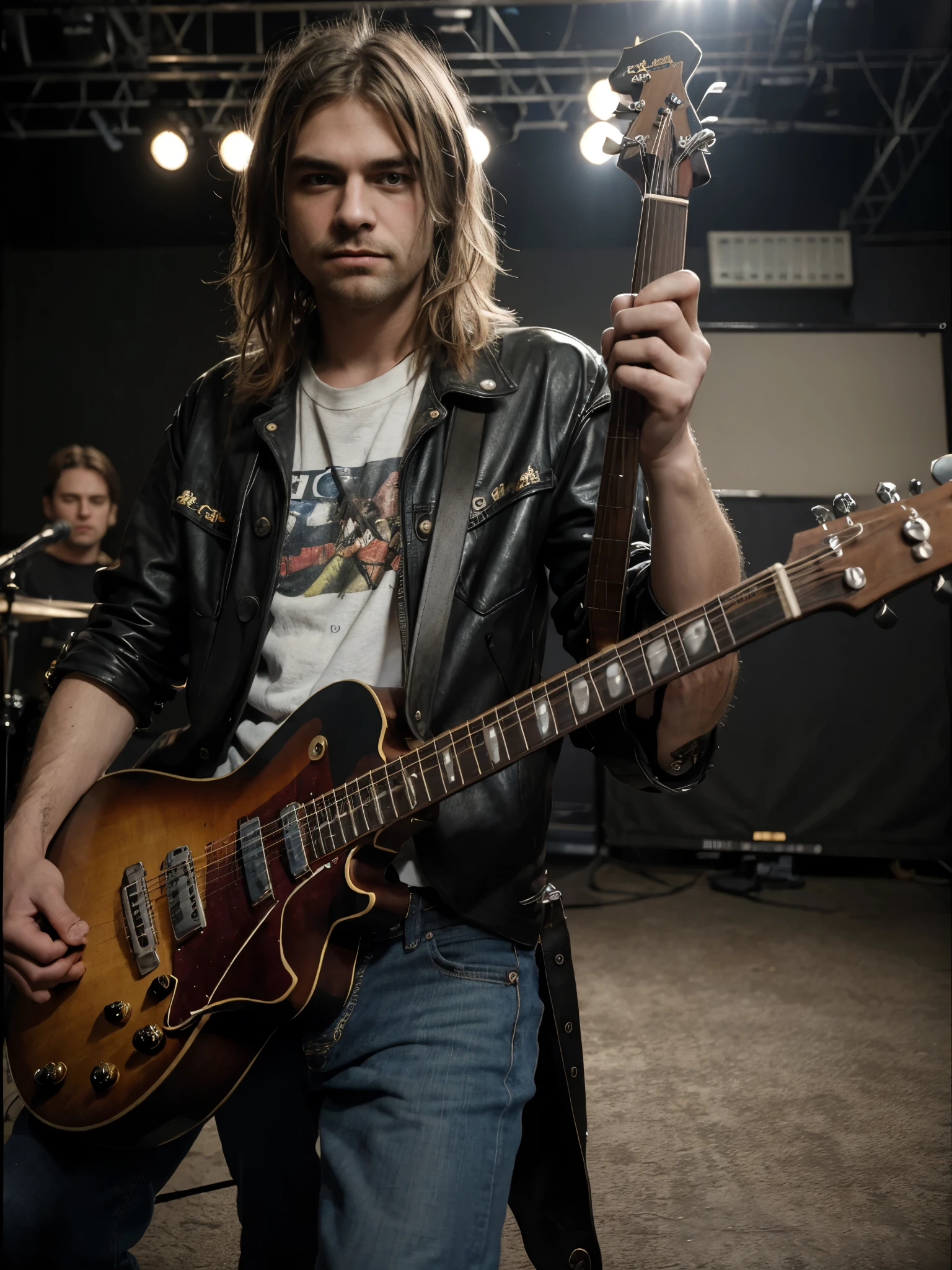 Axel rose,Nice man,White skin,long blonde hair,young,green eyes,Teenage face, Skinny body(Normal) with an electric guitar,in a rock band playing,