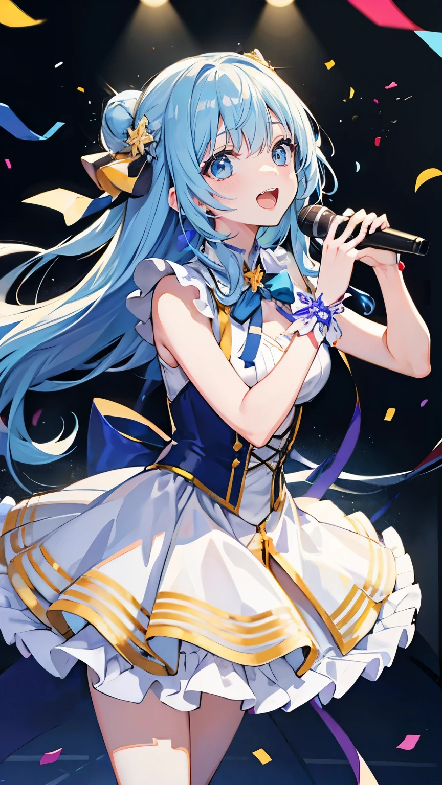 (muste piece), (best quality), very detailed, ((1 girl)), solo focus,Low - Angle,dynamic,jump,((happy face)),perfect face, beautiful face, very detailedな顔,(Light blue long hair_blue eyes:1.3),idol costume,Solo Idol,Ribbon hair ornament,concert dome,live,have a microphone,singing,Smiling with mouth wide open,Laser Light,confetti,Golden tape pouring down