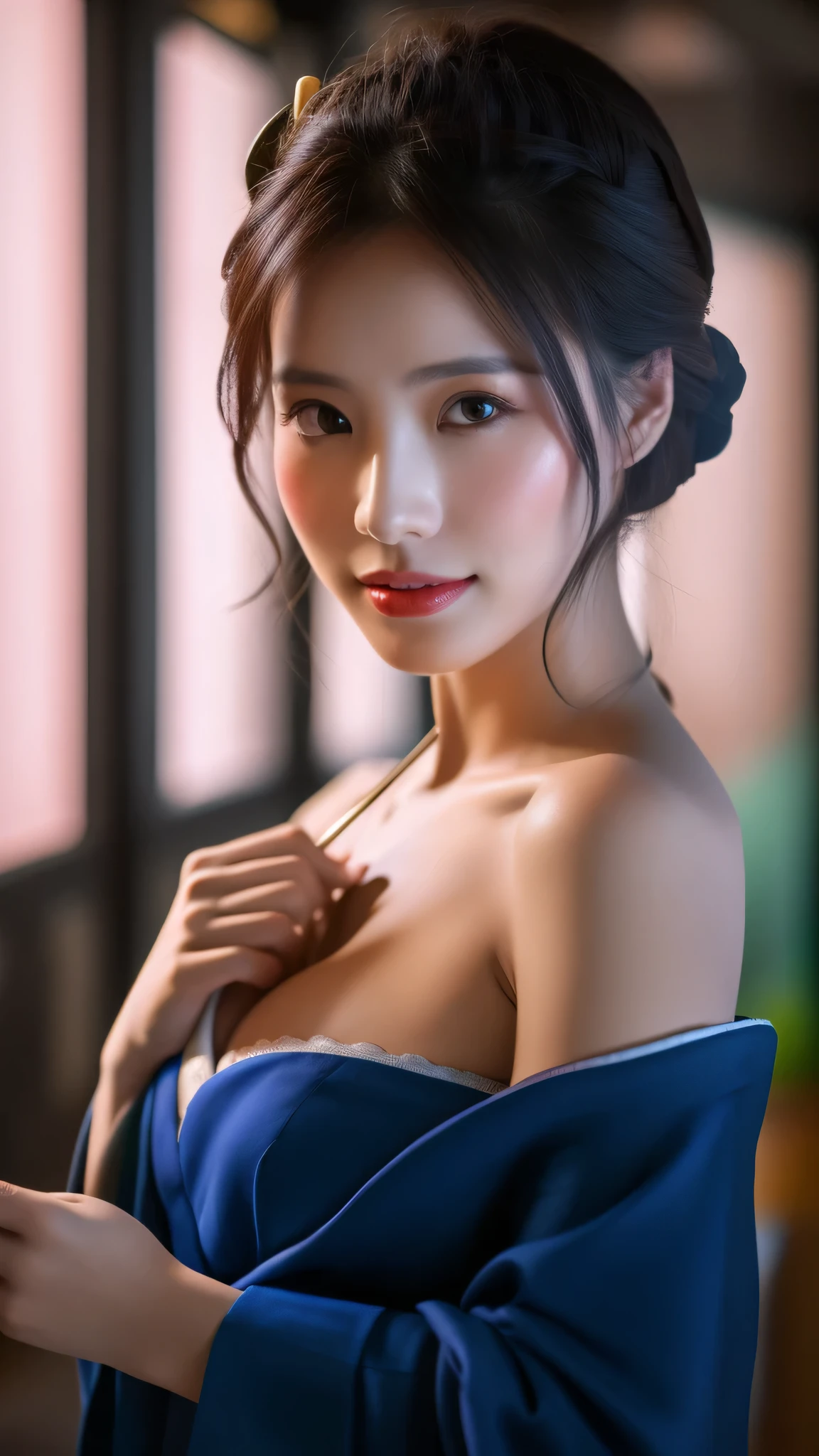 ((Best quality, 8k, Masterpiece :1.3)), Beautiful face, (photo realistic:1.4), soft lighting, (high detailed skin:1.3), 8k uhd, dslr, high quality, high resolution, 4k, 8k, absurdres, best ratio four finger and one thumb, (realistic:1.4), ((realistic medium breasts :1.3)), Highly detailed face and skin texture, Detailed eyes, Double eyelid, full body view, 1 asian woman, off shoulder kimono outfit