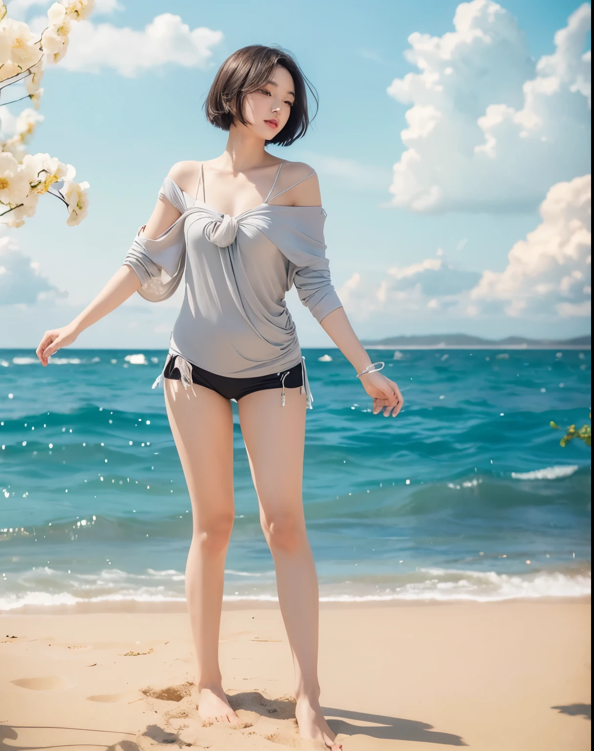 (Best quality, 8k, 32k, Masterpiece, UHD:1.2) "Generate a captivating artwork featuring a young Japanese girl model with short, sleek black hair styled in a chic bob haircut. Envision her bathed in dramatic cinematic lighting, creating an atmosphere of allure and mystery. Emphasize a romantic aesthetic vibe, showcasing the model in a poised and elegant pose that evokes a sense of intimacy and sophistication. Utilize warm and soft tones to enhance the romantic ambiance, and consider incorporating elements like flowing fabrics or flowers to add a touch of ethereal beauty. Capture the essence of romance and beauty through the model's expression, the play of light and shadows, and the overall aesthetic, creating a visually compelling and emotionally resonant piece."