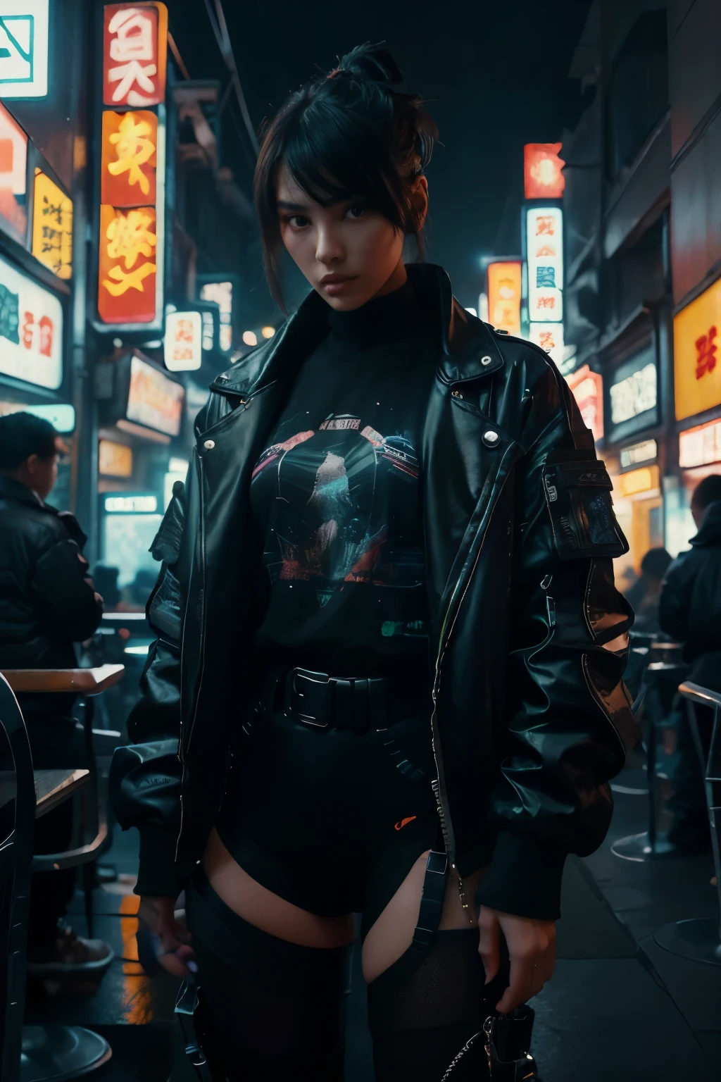 16K, Realistic photo image, Masterpiece, Shot with a SLR camera, Canon, aperture 1.8, Hyperrealism, 1 girl in the frame, looking straight at us, Chinese woman, similar to Linda Evangelista in her youth, futuristic image, cyberpunk style, dark hair in a tight bun, She standing at full height, in an acid green MEGA oversize jacket, hands in the pockets of the jacket, transparent black tights on his feet, against the backdrop of a gray glowing cyberpunk city, neon signs in the background, written on the signs in Chinese.