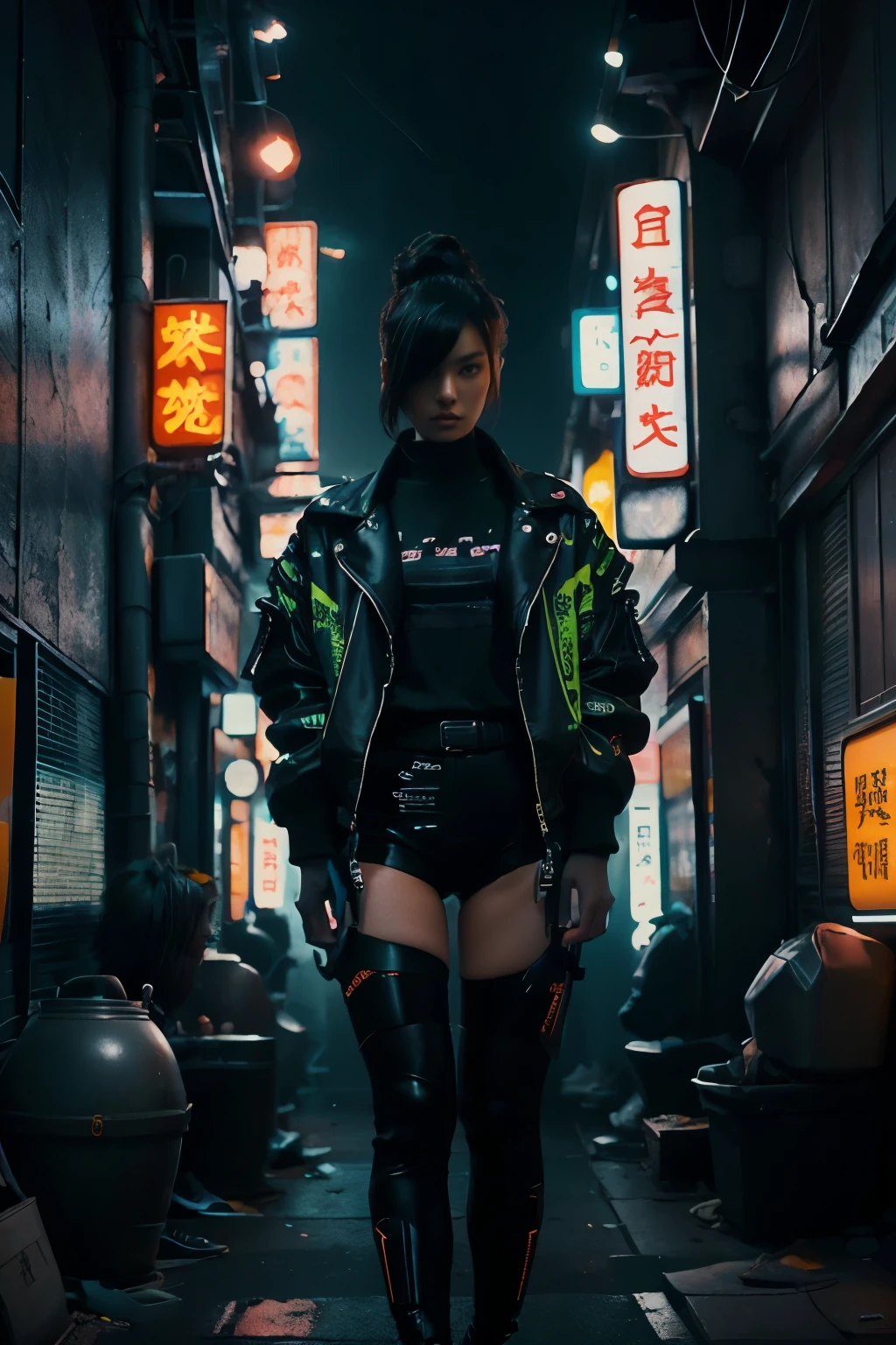 16K, Realistic photo image, Masterpiece, Shot with a SLR camera, Canon, aperture 1.8, Hyperrealism, 1 girl in the frame, looking straight at us, Chinese woman, similar to Linda Evangelista in her youth, futuristic image, cyberpunk style, dark hair in a tight bun, She standing at full height, in an acid green MEGA oversize jacket, hands in the pockets of the jacket, transparent black tights on his feet, against the backdrop of a gray glowing cyberpunk city, neon signs in the background, written on the signs in Chinese.