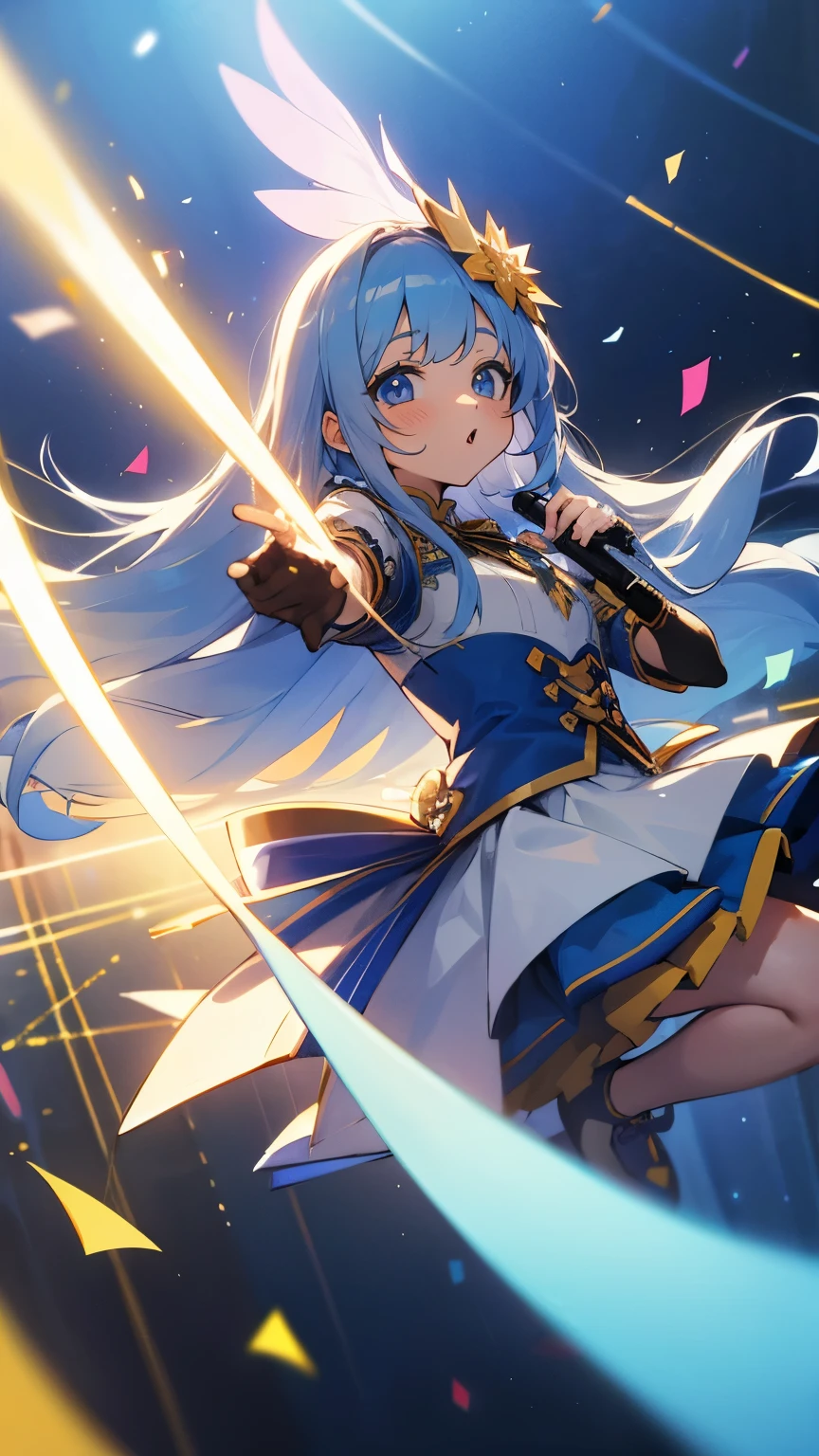 (muste piece), (best quality), very detailed, ((1 girl)), solo focus，angle，dynamic，jump，((happy face))，perfect face, beautiful face, very detailedな顔，(Light blue long hair_blue eyes:1.3)，idol costume，Solo Idol，Ribbon hair ornament，concert dome，live，have a microphone，singing，Smiling with mouth wide open，Laser Light，confetti，Golden tape pouring down