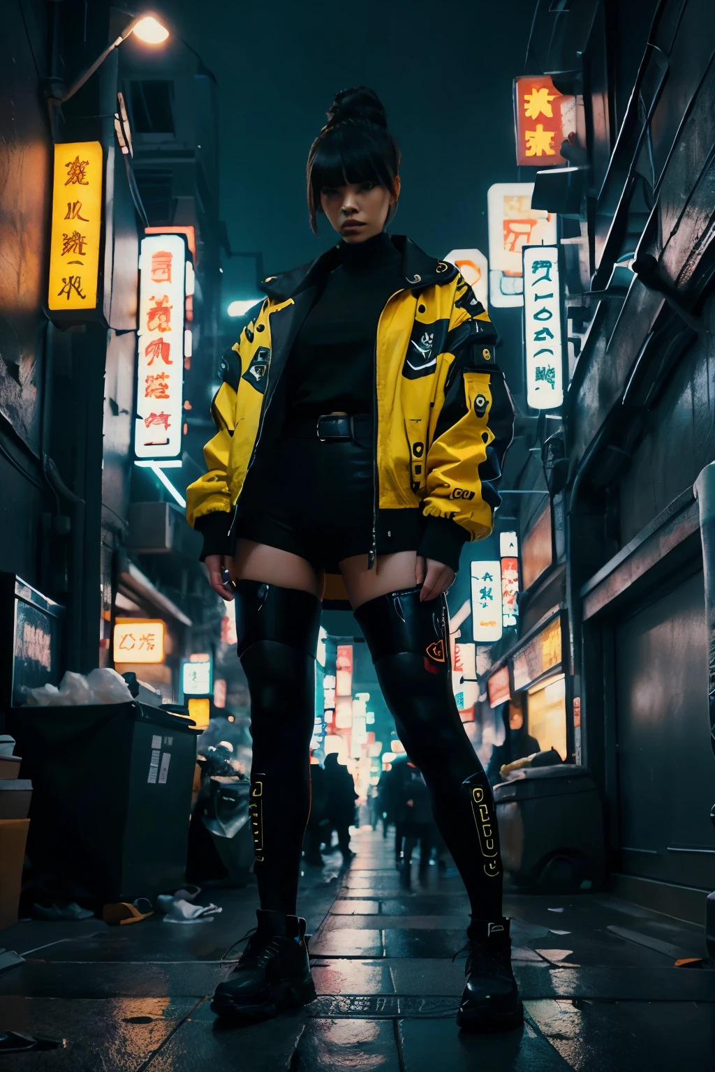 16K, Realistic photo image, Masterpiece, Shot with a SLR camera, Canon, aperture 1.8, Hyperrealism, 1 girl in the frame, looking straight at us, Chinese woman, similar to Linda Evangelista in her youth, futuristic image, cyberpunk style, dark hair in a tight bun, She standing at full height, in an acid green MEGA oversize jacket, hands in the pockets of the jacket, transparent black tights on his feet, against the backdrop of a gray glowing cyberpunk city, neon signs in the background, written on the signs in Chinese.