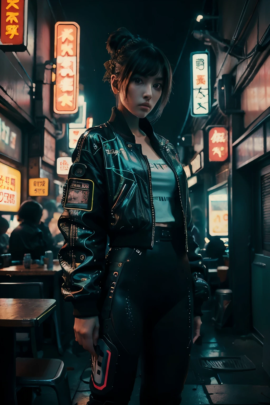 16K, Realistic photo image, Masterpiece, Shot with a SLR camera, Canon, aperture 1.8, Hyperrealism, 1 girl in the frame, looking straight at us, Chinese woman, similar to Linda Evangelista in her youth, futuristic image, cyberpunk style, dark hair in a tight bun, She standing at full height, in an acid green MEGA oversize jacket, hands in the pockets of the jacket, transparent black tights on his feet, against the backdrop of a gray glowing cyberpunk city, neon signs in the background, written on the signs in Chinese.