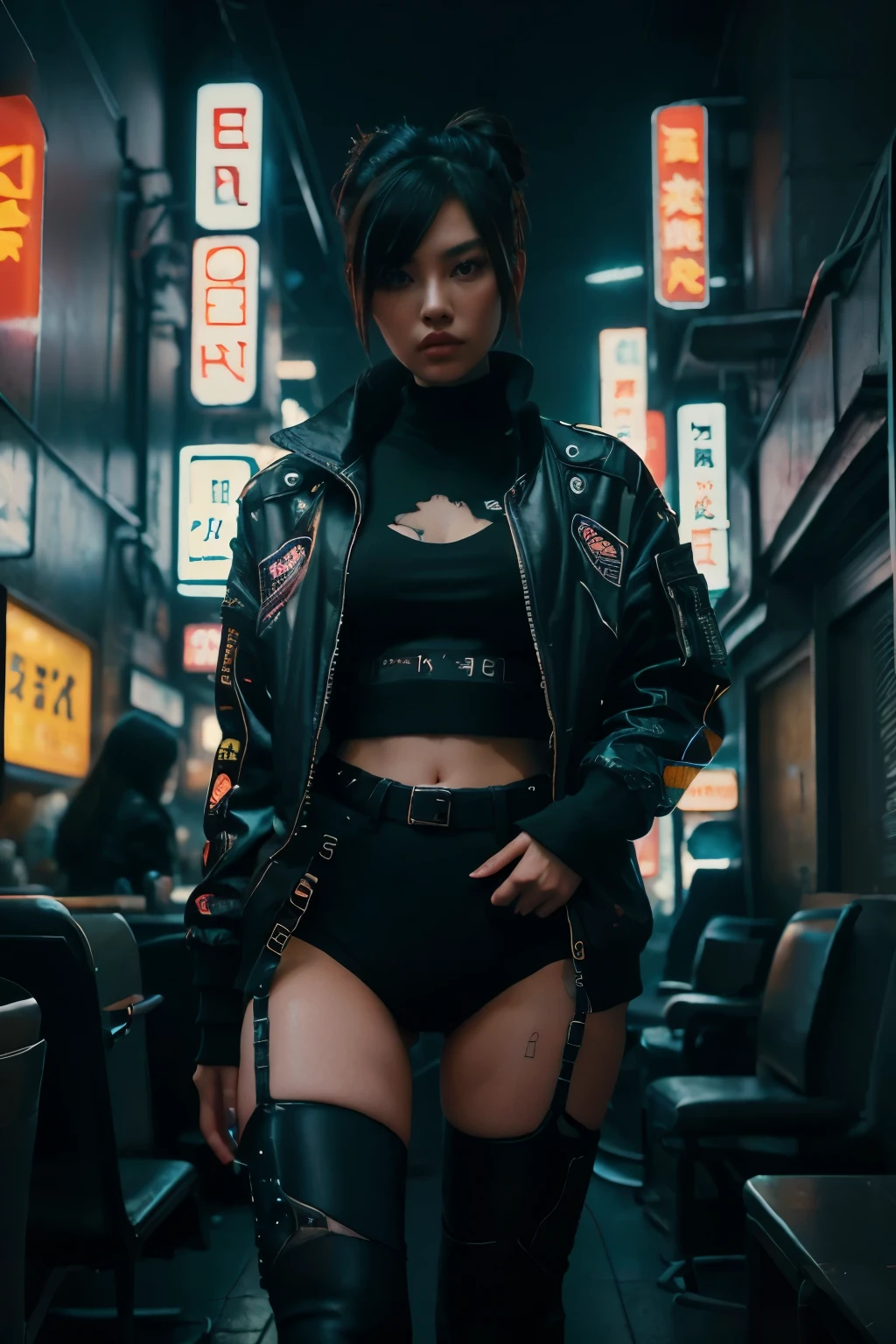 16K, Realistic photographic image, Masterpiece, Shot with a SLR camera, Canon, aperture 1.8, Hyperrealism, 1 girl in the frame, Chinese girl, similar to Linda Evangelista in her youth, futuristic image, cyberpunk style, dark hair in a tight bun , She stands at full height, wearing an acid green MEGA oversized jacket, her hands in the pockets of the jacket, transparent black tights on her legs, against the backdrop of a gray gloomy cyberpunk city, in the background there are neon signs, on the signs it is written in Chinese.