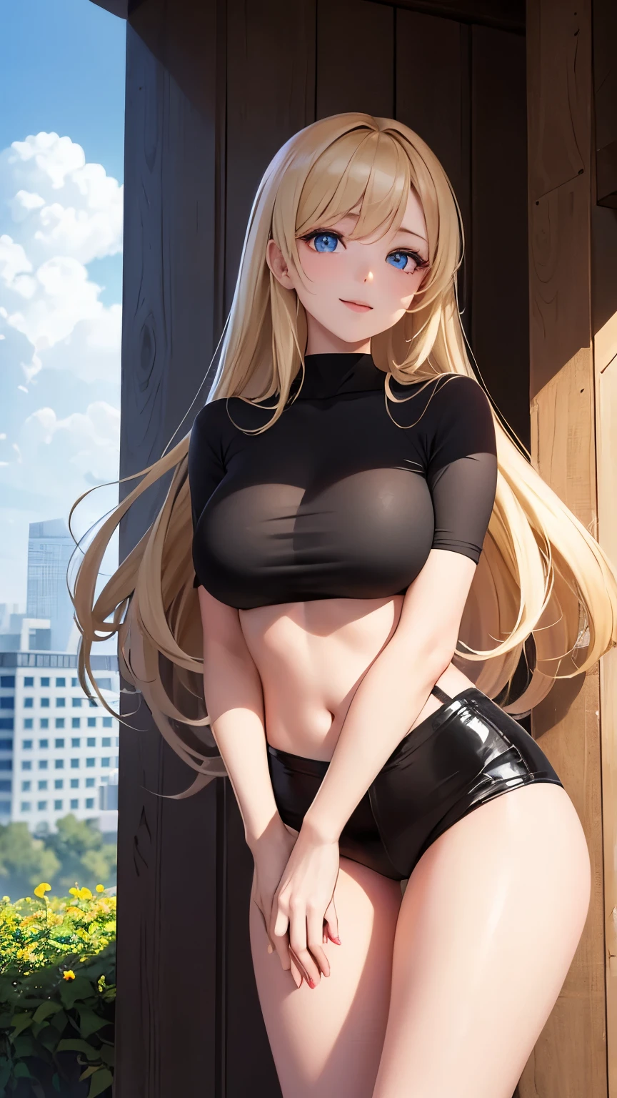 1girl(masterpiece, round_iris, extremely crisp crystalline shiny eyes, perfect_anatomy, extremely_captivating_hypnotic_mystic_eyes,) perfect face, long blond hair, cute smile, big breasts, sexy shorts and tight top, hot, sweating, outside in the garden, dynamic pose, best quality, 4k