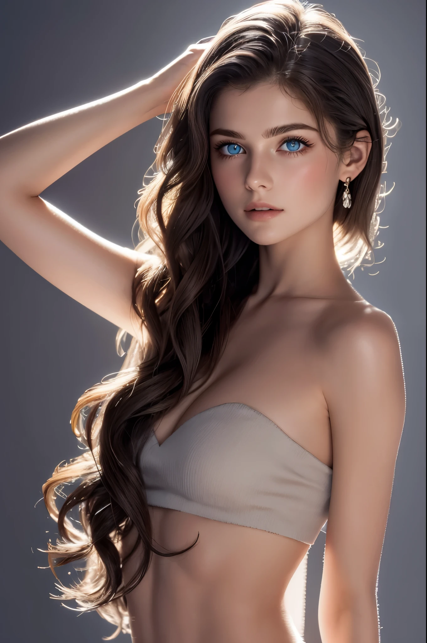 tight top:1.2, looking at the audience, Cinema lighting, perfect, soft light, High resolution skin:1.2, Realistic skin texture, 20 years old、Off the shoulders,Show belly button,blue eyes, wavy long hair, dark brown hair、C cup、gray background
