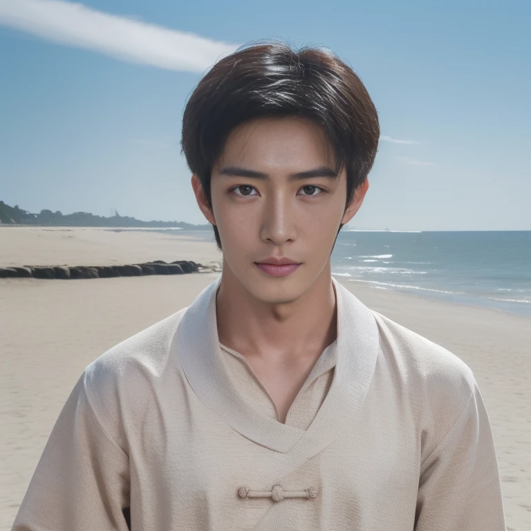 (Chinese Handsome: 1.5), two men on the beach with realistic details, realistic photos, textured skin, looking into the camera, 18 years old boy, studio, gay couple , 16k resolution , ultra-high clarity , hyperrealism, uhd