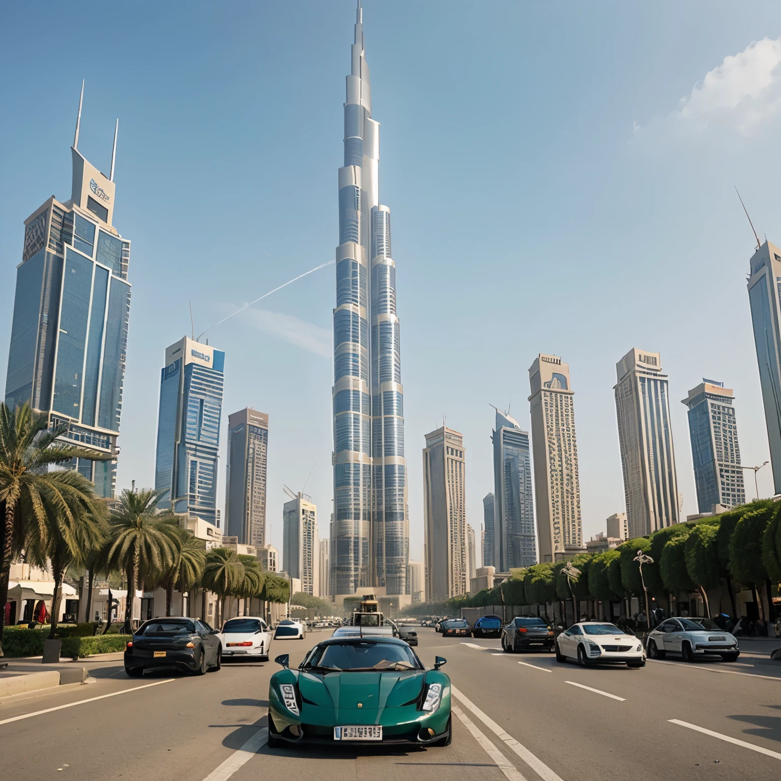 A landscape image of the great city of Dubai, with exotic cars and pedestrian in site, the beautiful skyscrapers