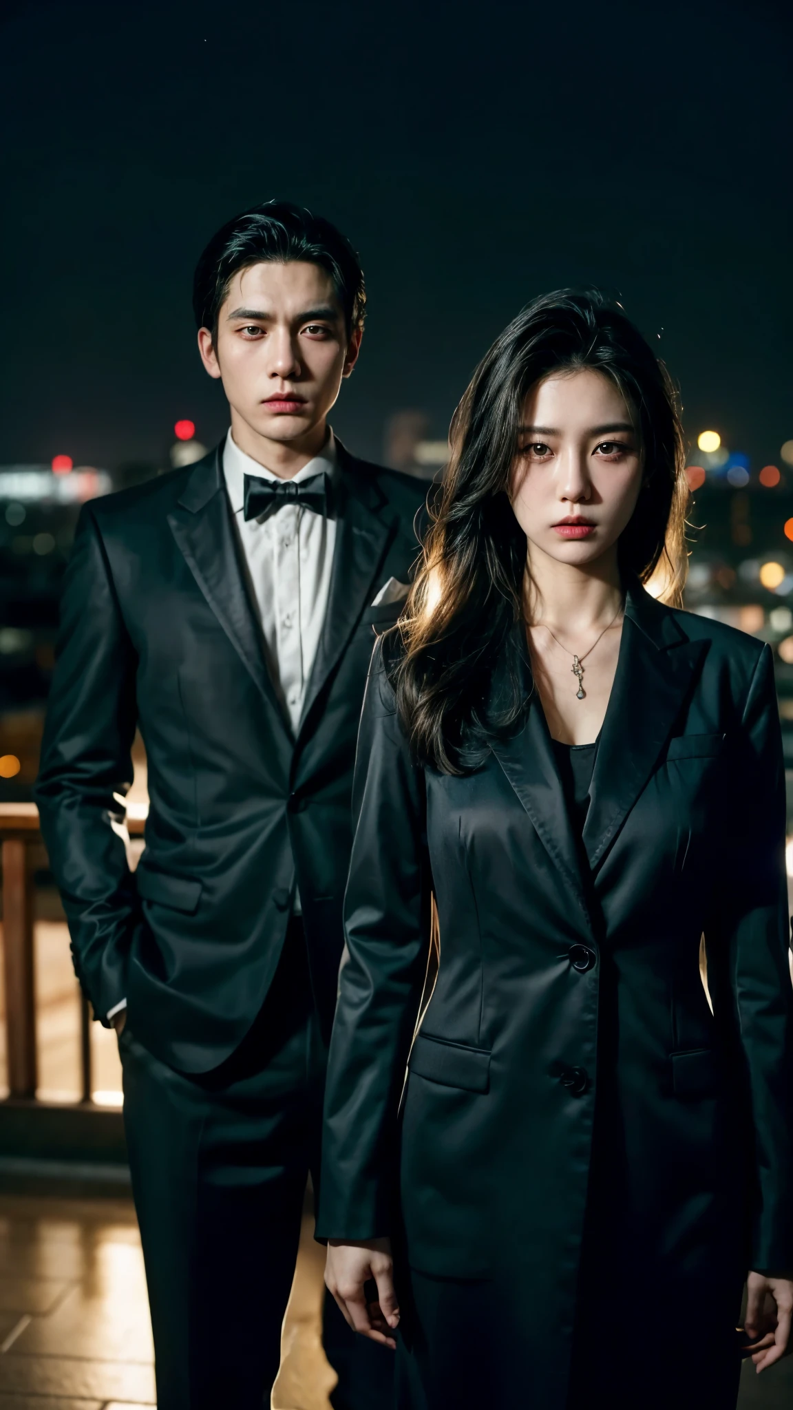A portrait of a pair couple with formal suits standing at night, mafia vibes, menacing expression, closeup, korean face.